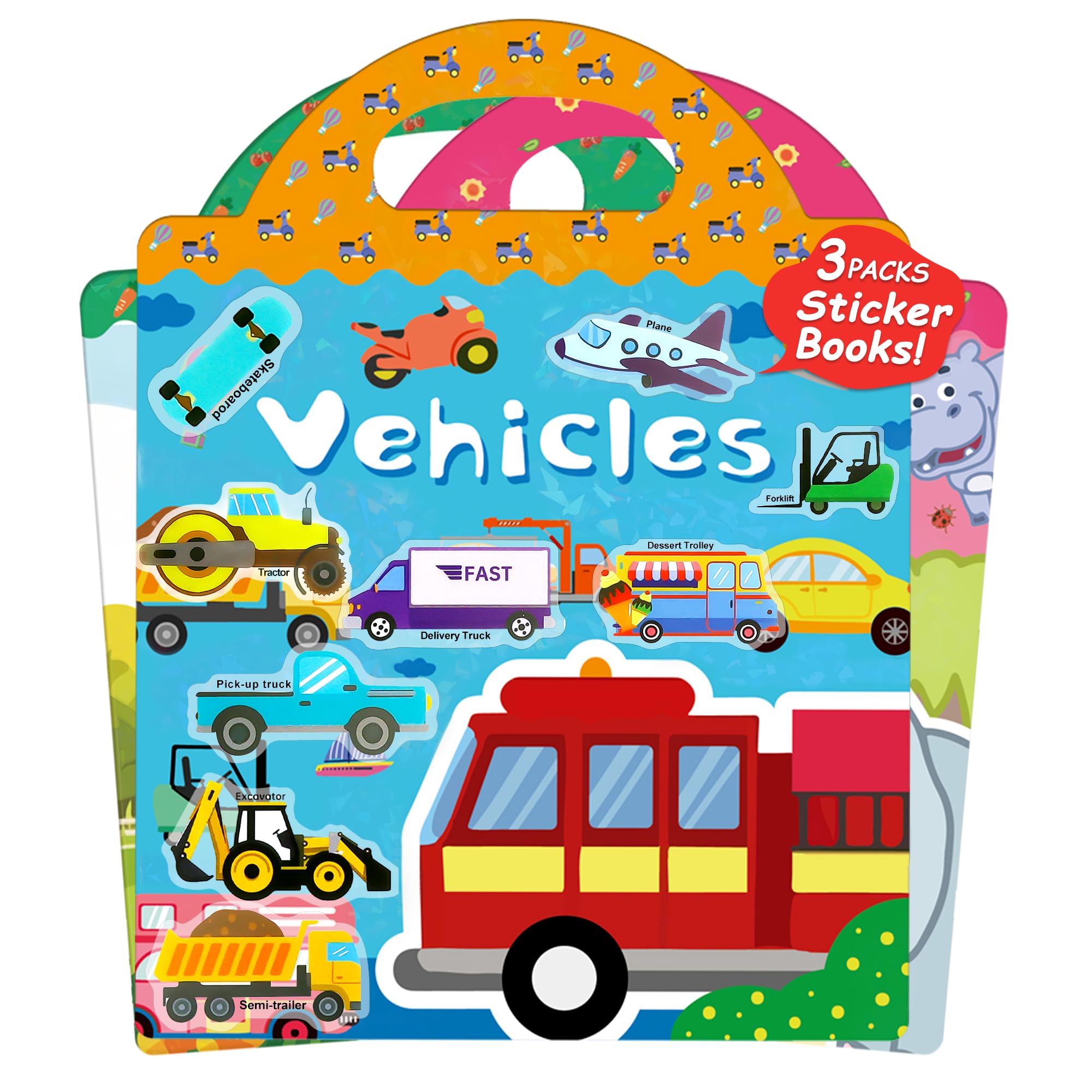 3 Sets Reusable Sticker Book for Toddlers 2-4 Years, Thicker Sticker Books for Toddlers 1-3, Waterproof Toddler Travel Toys Activity Cute Stickers for Teens Girls Boys - Farm, Vehicle and Animals