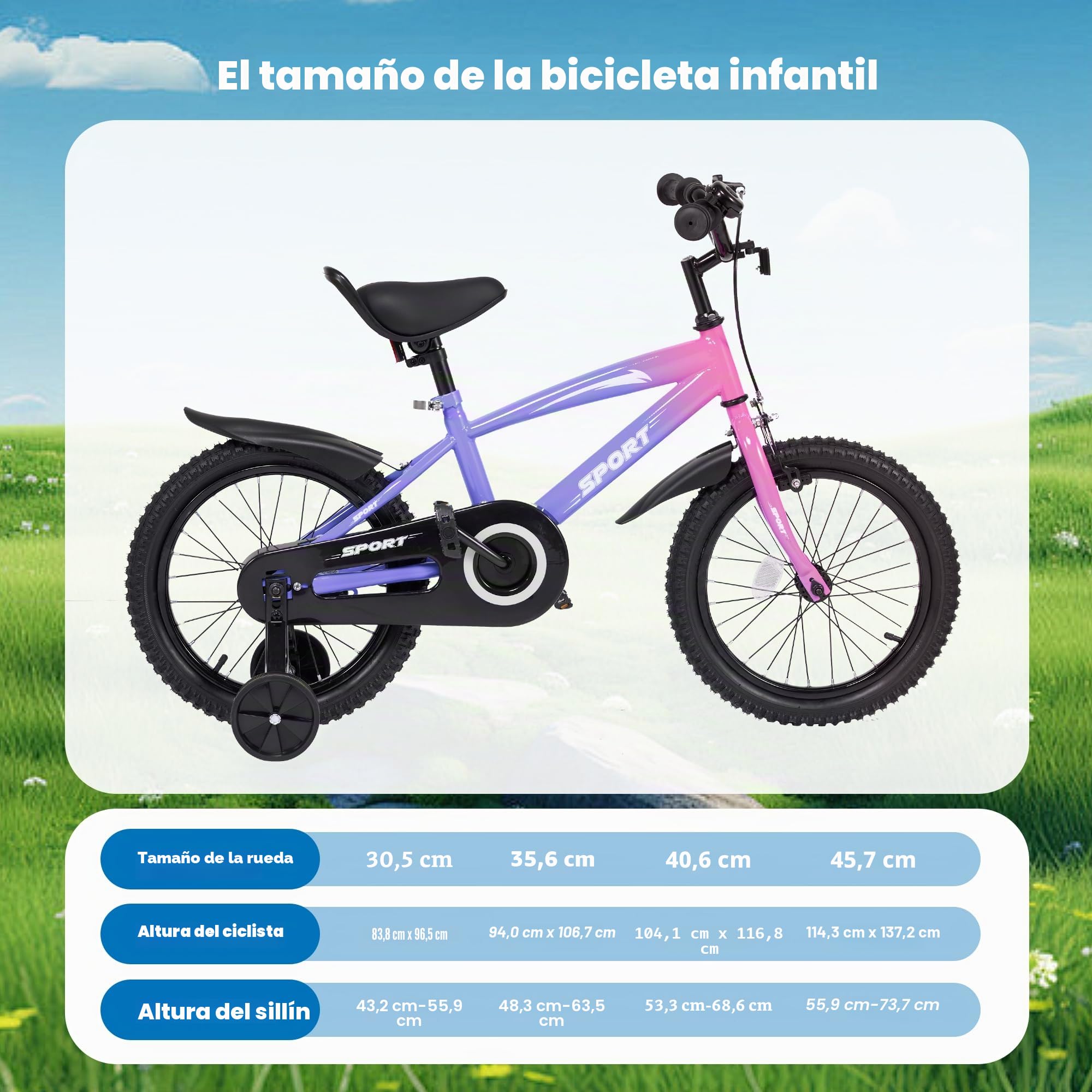 BODIOO Bicicleta infantil de 16 pulgadas para niños y niñas con asiento ajustable, ruedas estabilizadoras, freno de mano, freno de contrapedal y marco estable para ciclistas de 104 a 117 cm (morado