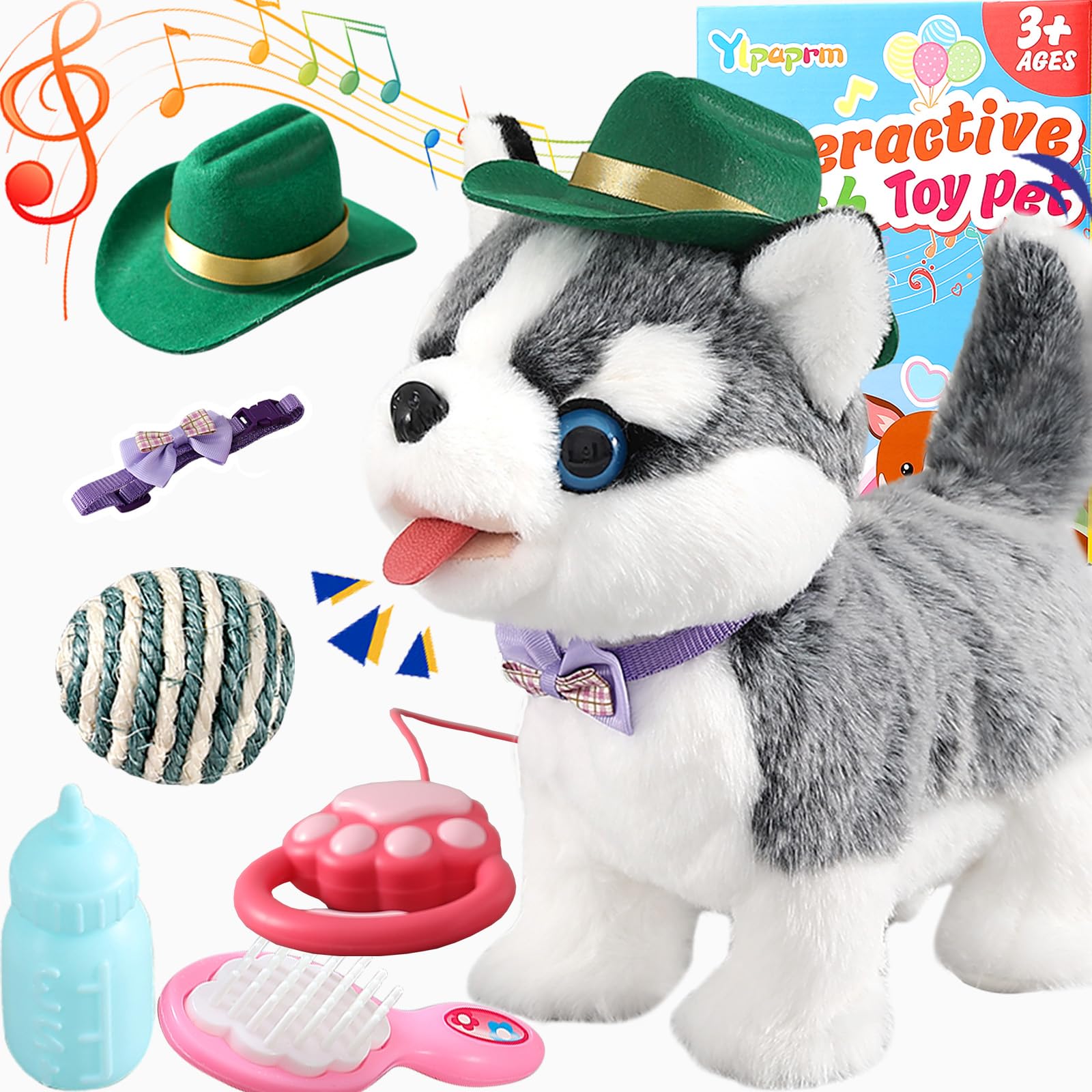 Walking Husky Barking Dog Toy for Child Kid Licking Talking Puppy with Leash, Interactive Puppy that Barks Tail Wagging Plush Robot Dog Singing Electric Pet Pretend Dress Up Christmas Boy Girl Gift