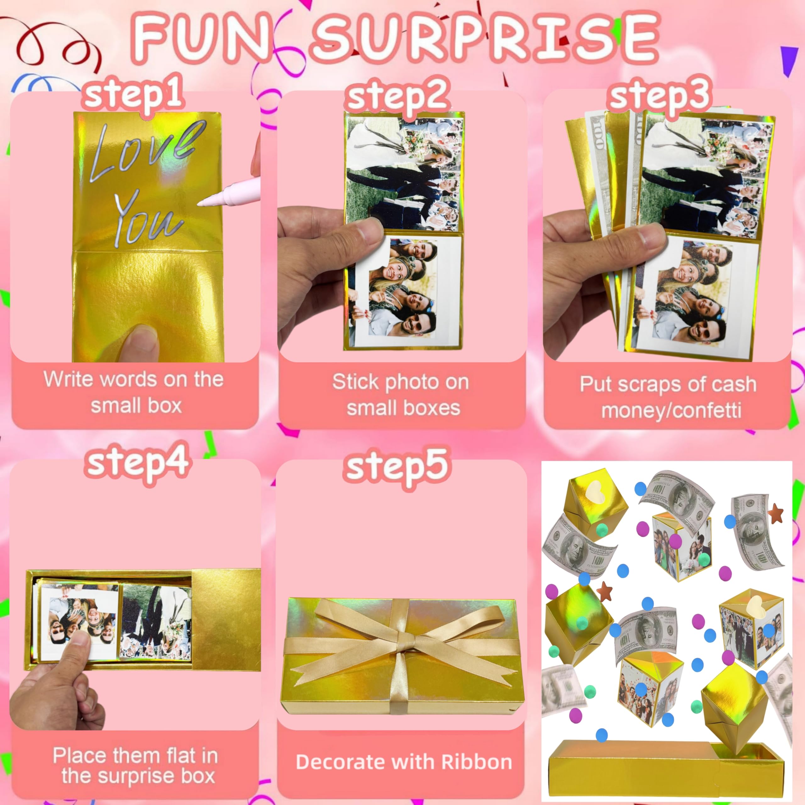 JINSTABAG Caja de regalo sorpresa explosión para dinero, cajas de regalo plegables únicas para cumpleaños, Navidad, aniversario, día de San Valentín (dorado)