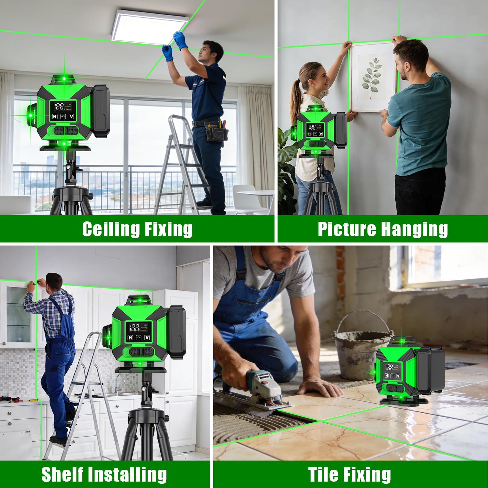 Livella Laser Autolivellante con Treppiede, 4 x 360° Laser a Linee Incrociate, Livella Laser Verde Regolabile Luminosità, Dispositivo di Livellamento con 2 x 3600 mAh Batteria per cantieri Interni DIY