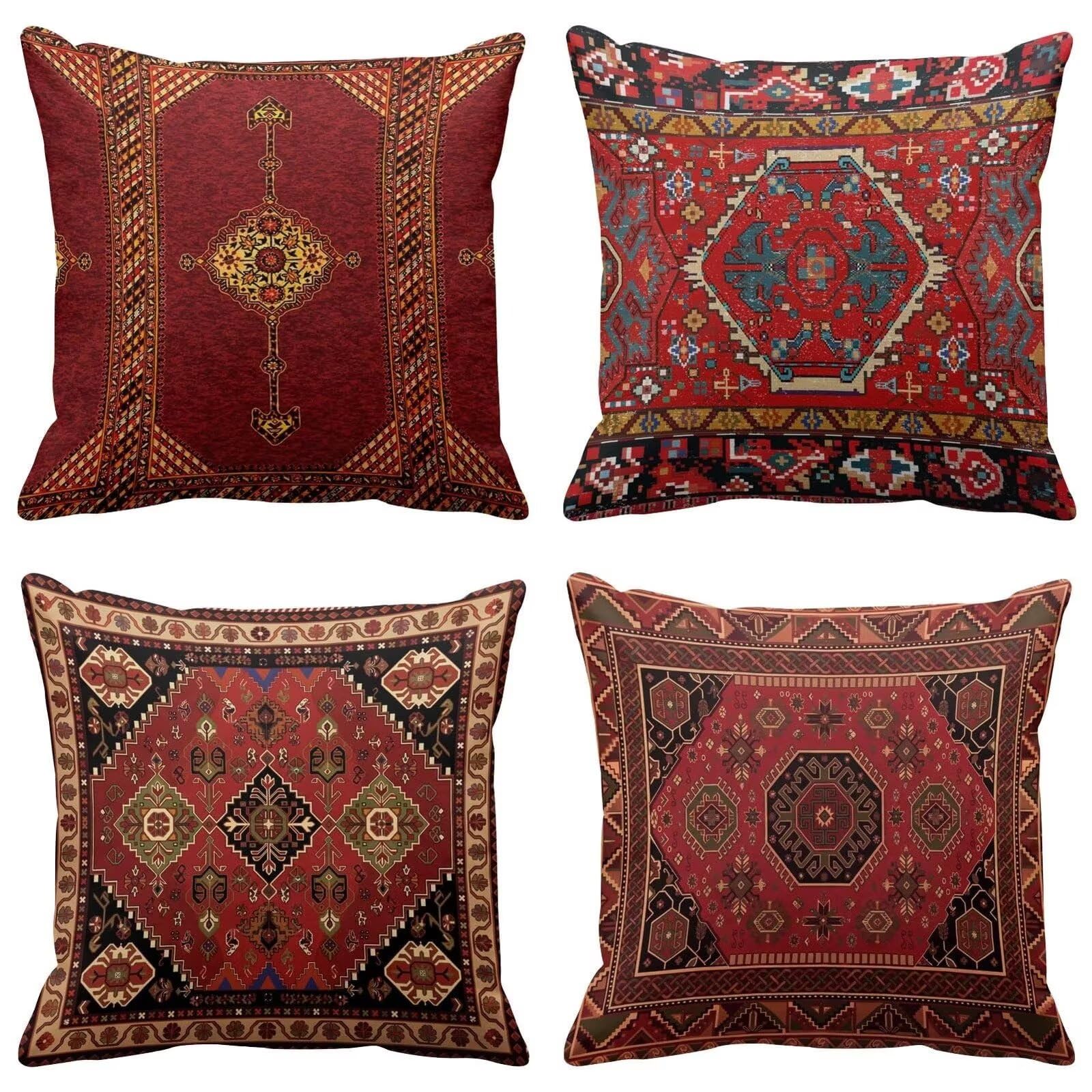 Heaen Outdoor Cushions Covers Waterproof 35x35 cm Set of 4 Square Linen Pillow Cases Red Black Ethnic Style Decorative Dushions for Sofa Porch Patio Home Decor