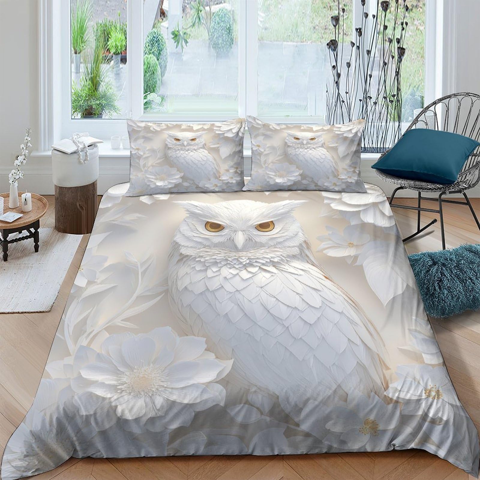 Ctjqhvkz Style-1 3D Printed White Owl Fitted Sheet Microfiber Soft Bedroom Decor Artistic Feather Bed Cover For Mattress Protection Single（135X200cm）