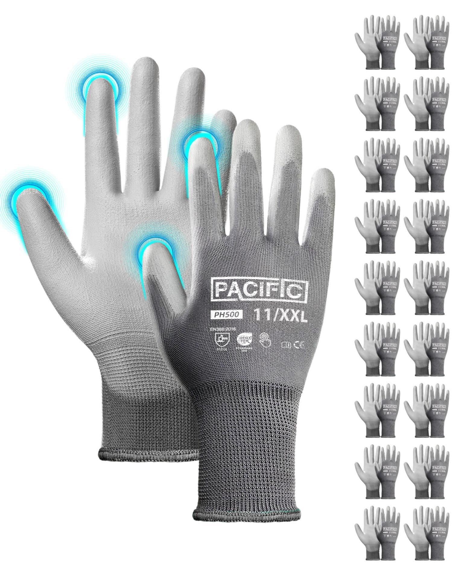 PACIFIC 18 paia di guanti di sicurezza rivestiti in PU, guanti da lavoro multiuso da uomo, Versatili, Protezione Meccanica e Industriale, senza cuciture, Power-Grip, grigio, XXL/11