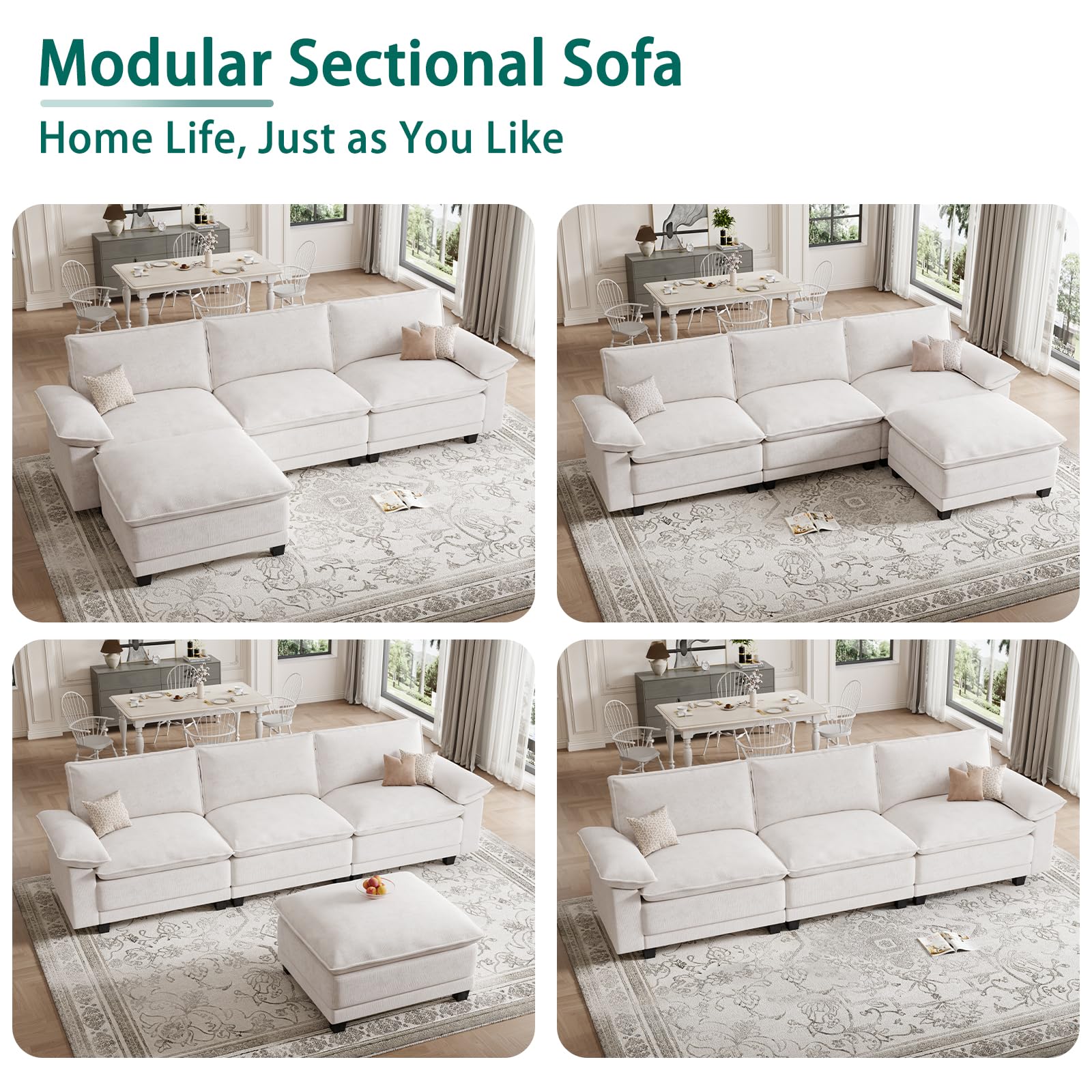 108" Modular Sectional Couch, L Shaped Cloud Sofa for Living Room | Comfortable Foam Cushions, Sturdy Frame, Appealing Appearance, Easy Assembly, Soft Chenille, Modular Design, Beige