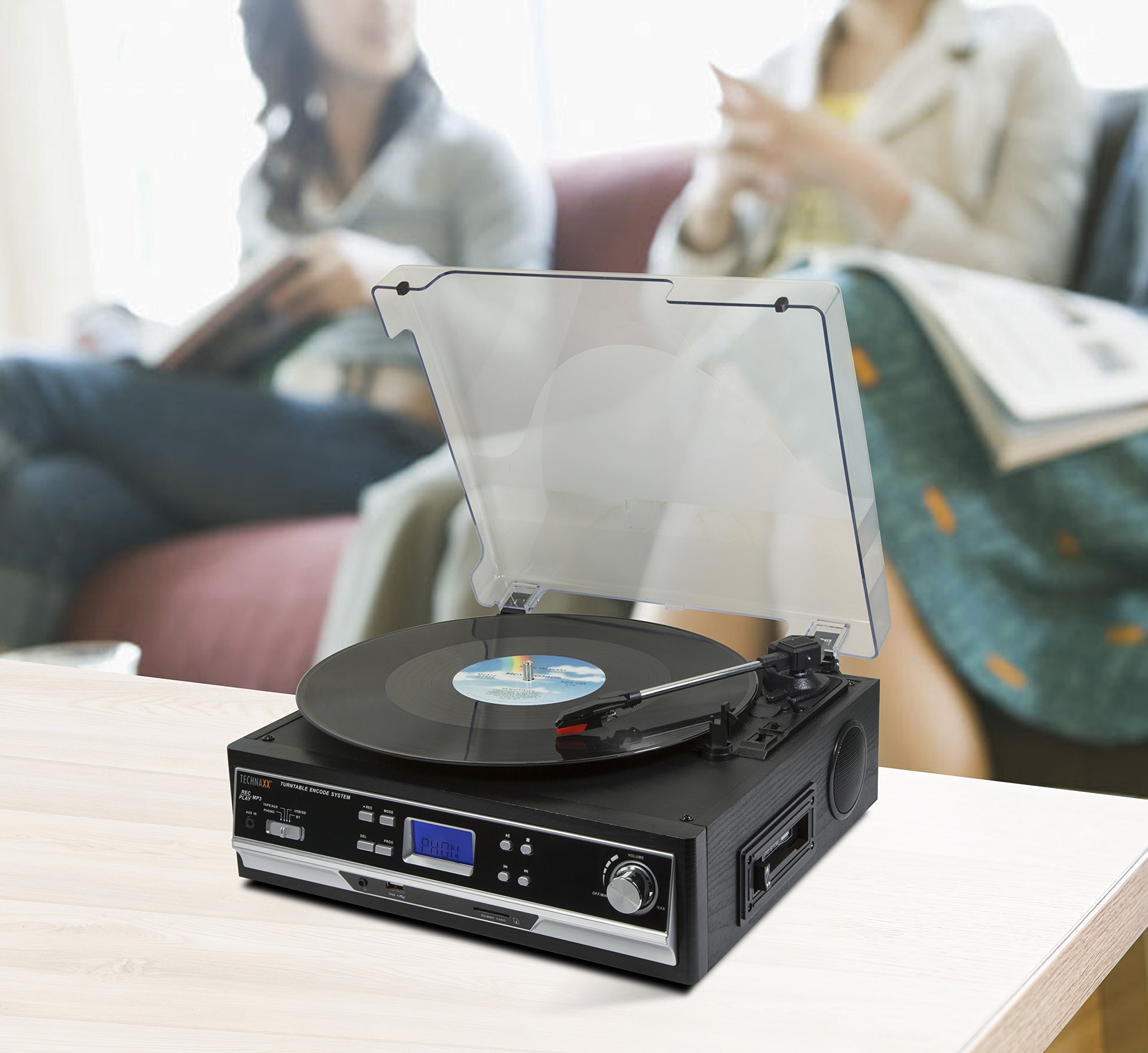 Technaxx Bluetooth 2.0 Tocadiscos de Vinilo y Convertidor de Cassette TX-22+ con Reproductor de Cassette Incorporado y Altavoces Estéreo – Archivos de Música MP3/WMA, 3 Velocidades, Enchufe aux-in