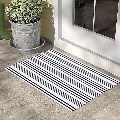Alfombra de exterior a rayas azules y blancas, 2 x 3 pies, de algodón, moderna, tejida a mano, reversible, para porche, puerta de bienvenida,