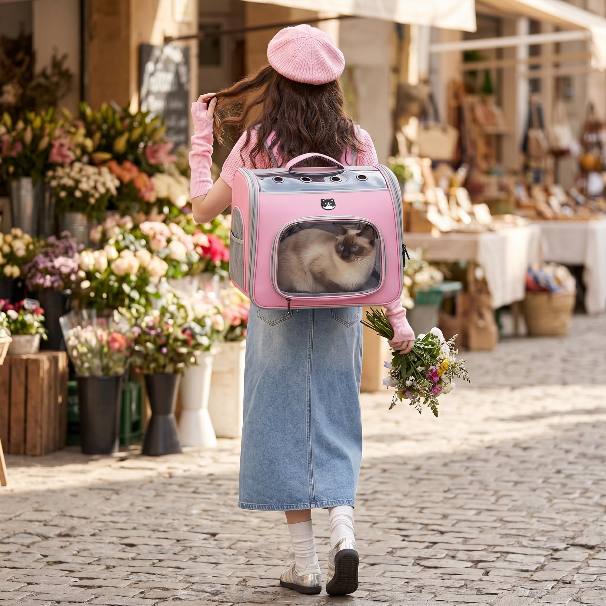 ALLSOPETS Sac à Dos pour Chien, avec Fenêtre Transparente, Rose Fleur | Sac à Dos Transport Respirant avec Crochet de Sécurité, Confortable pour Chats et Petits Chiens en Voyage, Extérieur Aventure
