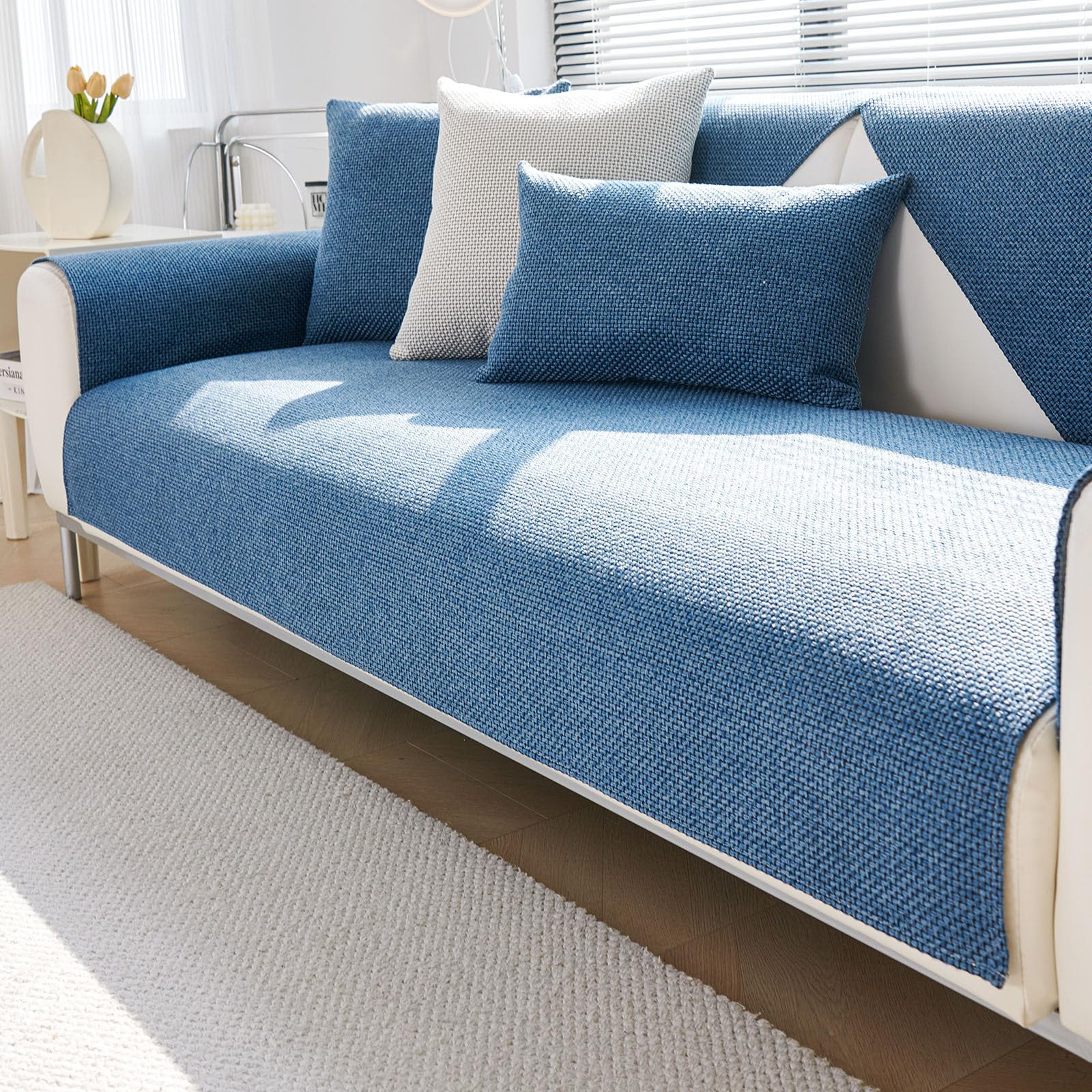 Treer Linen Fabric Anti Slip Sofa Cover, Simple Style Sofa Seat Cover Universal Soft Thick Sofa Cushion Protector 1 2 3 4 Seater Couch Covers L Shape/Corner Sofa Protector (70x150cm,Dark Blue)