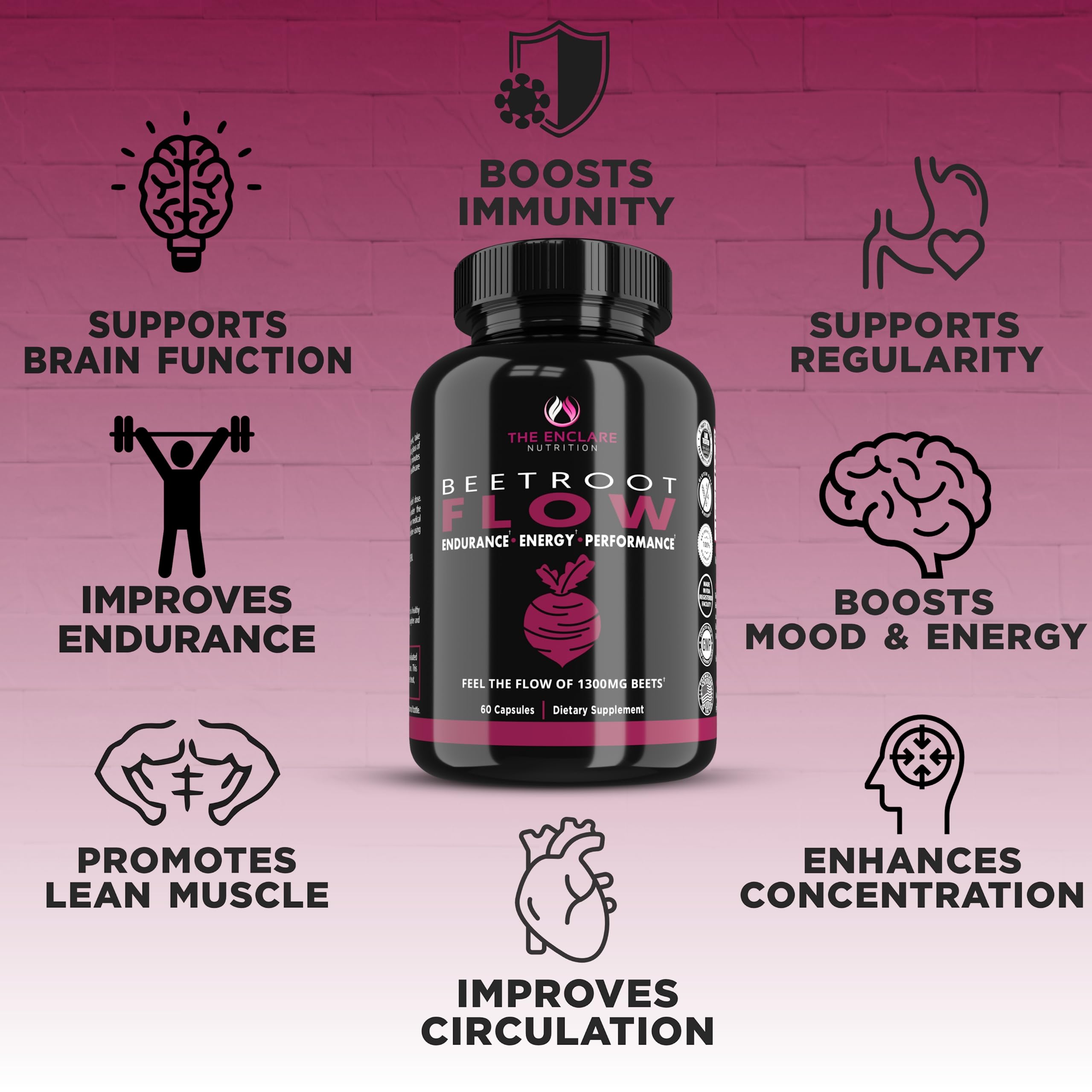 ENCLARE Beet Root Capsules 1300mg - Organic Beet Root Powder Capsules Support Heart Health, Blood Pressure, Brain, Energy, Circulation - Beetroot Powder Nitric Oxide Supplements, Non-GMO 60 Capsules — Amazon image 4