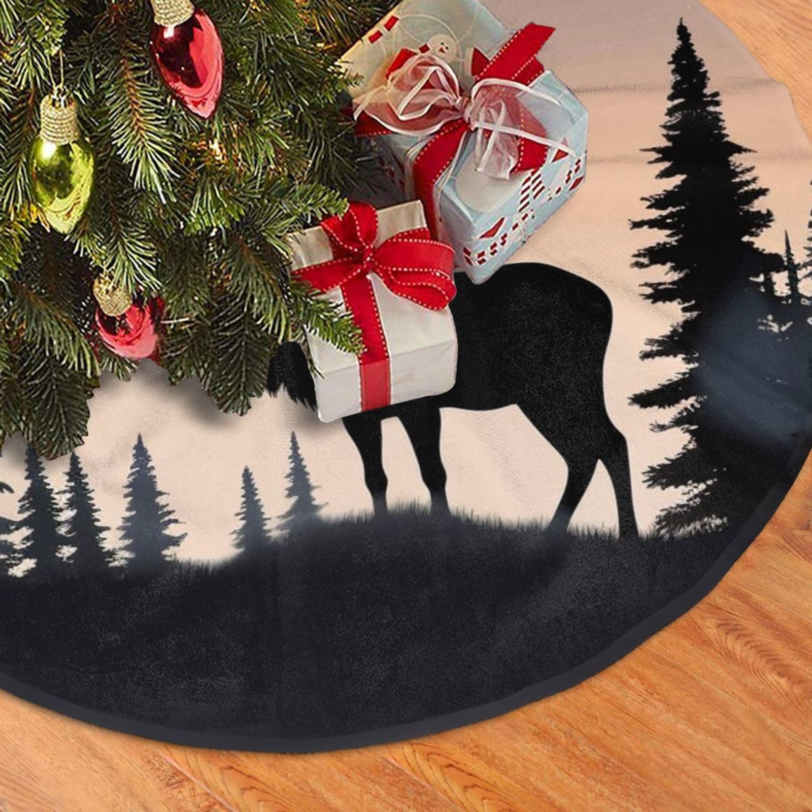 Fodpand Black Moose Mountain Pine Tree Christmas Tree Skirt 48" Velvet Xmas Tree Skirt Mat Rustic Christmas Tree Mat Cover Winter Xmas Tree Collar For Indoor Outdoor Christmas Decorations