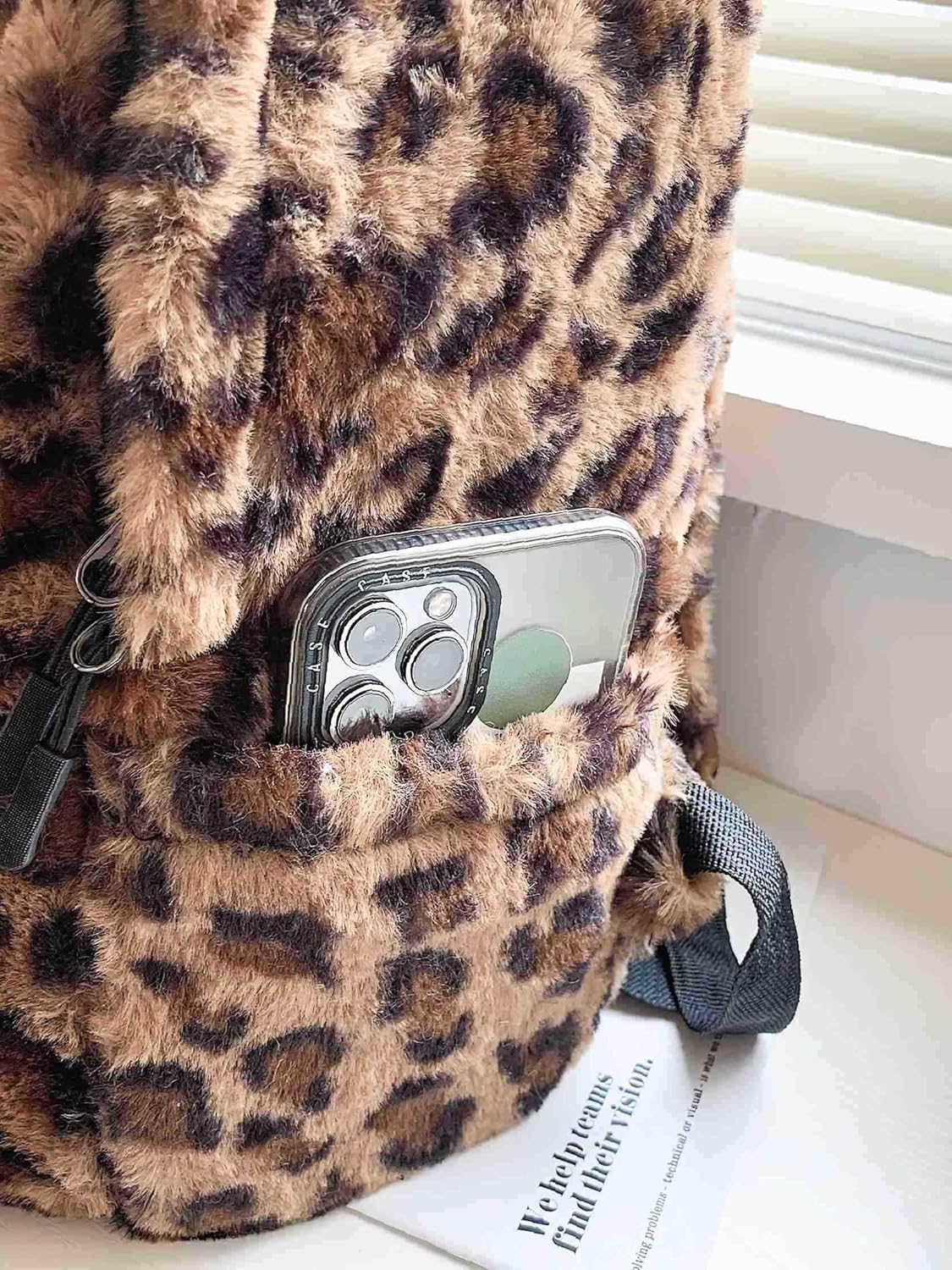 fluffy cheetah print backpack, cute y2k animal fur 14 inch scene book bag for women, fashion simple personal item aesthetic girls bag - Image 6