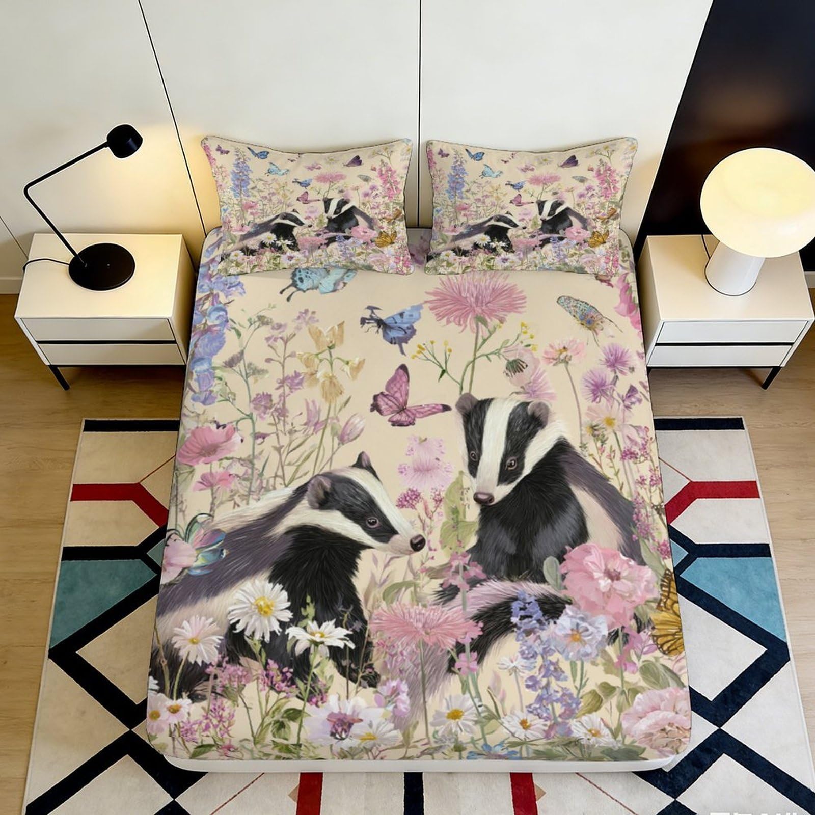 3D Printed Badger Wildflowers Fitted Sheet Microfiber Soft Breathable Butterfly Mattress Cover for Bedroom Decor 90x200x25cm