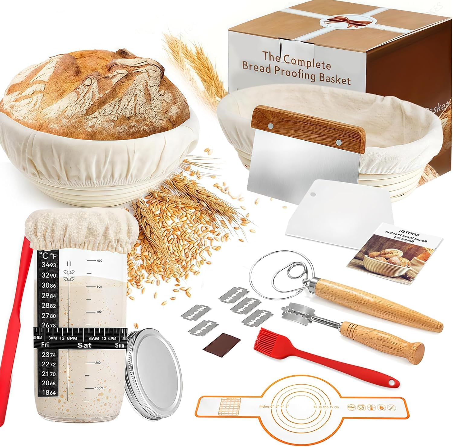 Kit de démarrage de 19 pièces, panier à pain rond de 28 cm et ovale de 29 cm, pot de démarrage de 730 ml, facile à plier et lavable, passe au micro-ondes, idéal pour les boulangers à domicile, les