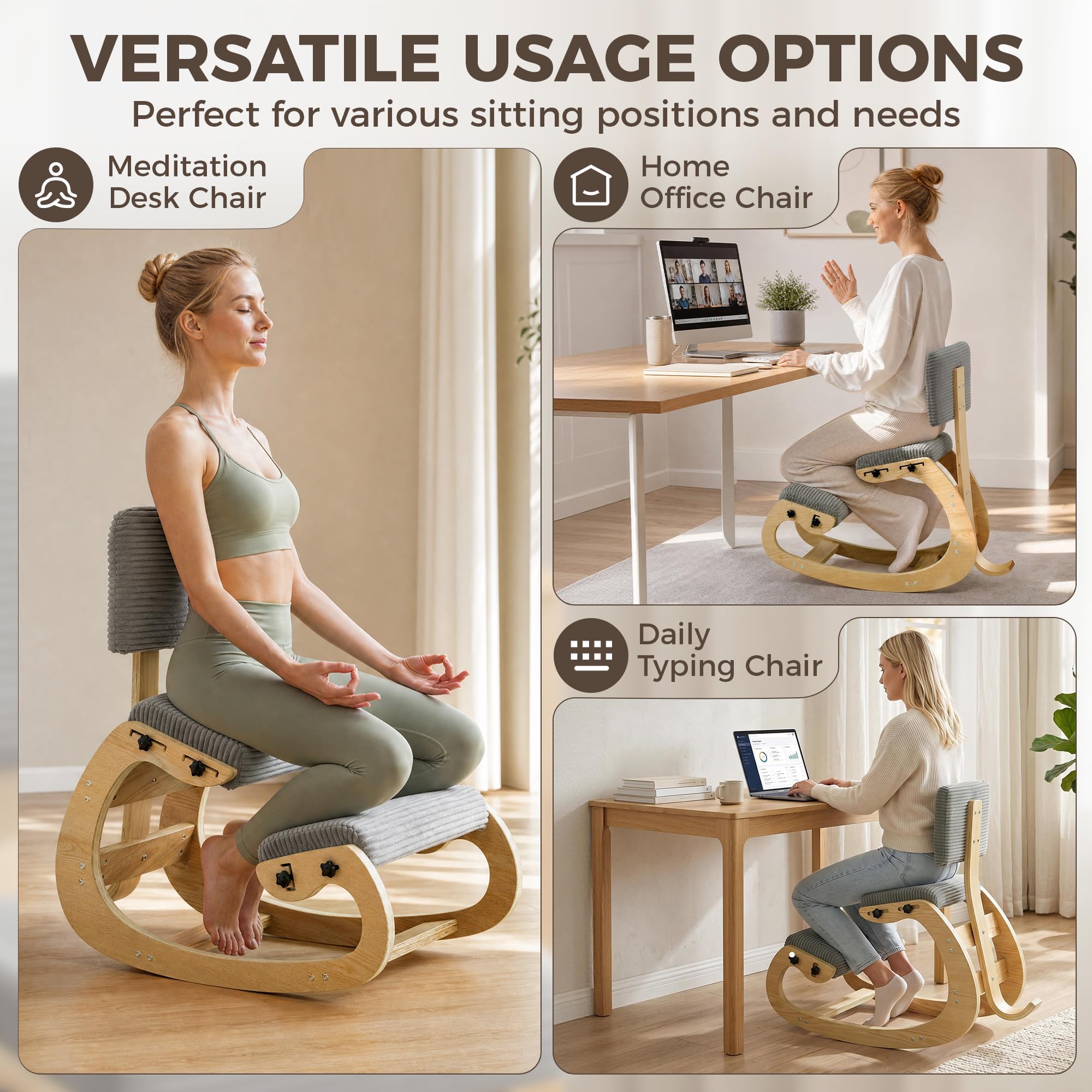 HOMCOM Silla Ergonómica de Rodillas con Respaldo Tapizado en Pana Gris | Silla de Rodillas, Amplio Apoyo, Estructura de Madera, Mejora la Postura