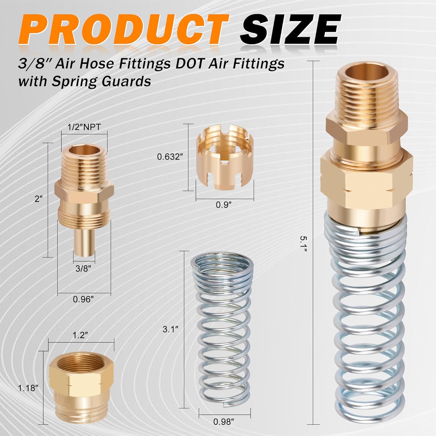 3/8” Hose x 1/2” Male Connector with Spring Guard, 4 Pack Brass DOT Air Brake Hose End Fitting with 8 Pack 3/8”Sleeve Tube
