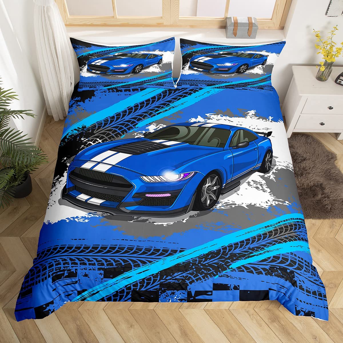 Blue Sports Car Duvet Cover For Kids Boys Men,Graffiti Race Car Bedding Set  Double,Grunge Car Track Comforter Cover Lightweight Soft,Hippie Racing Car
