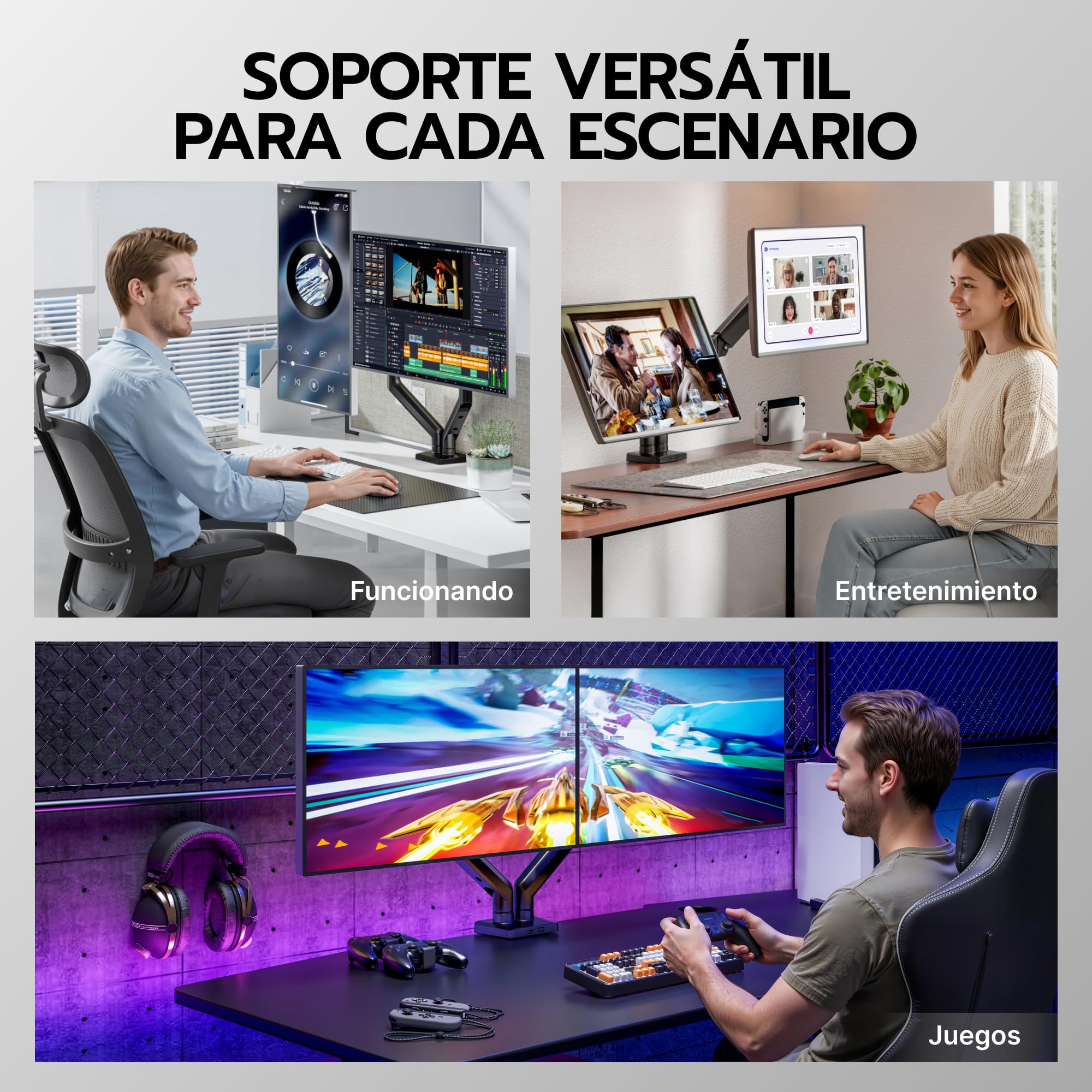 ARES WING Brazo Doble para 2 monitores de 17 a 35 Pulgadas, VESA 75/100 | Soporte para monitor de pantalla plana y curva, brazo de monitor para juegos con gestión de cables, inclinación / rotación