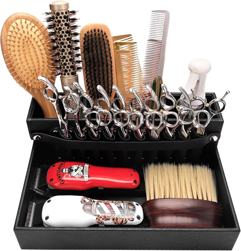 Organizador de ferramentas para barbeiro BARBERTOP com suporte para tesouras e máquinas, 3 compartimentos, preto