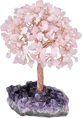 Rockcloud Natural Rose cuarzo cristal piedra árbol dinero con amatista cuarzo base racimo árbol bonsái Feng Shui escritorio decoración para la