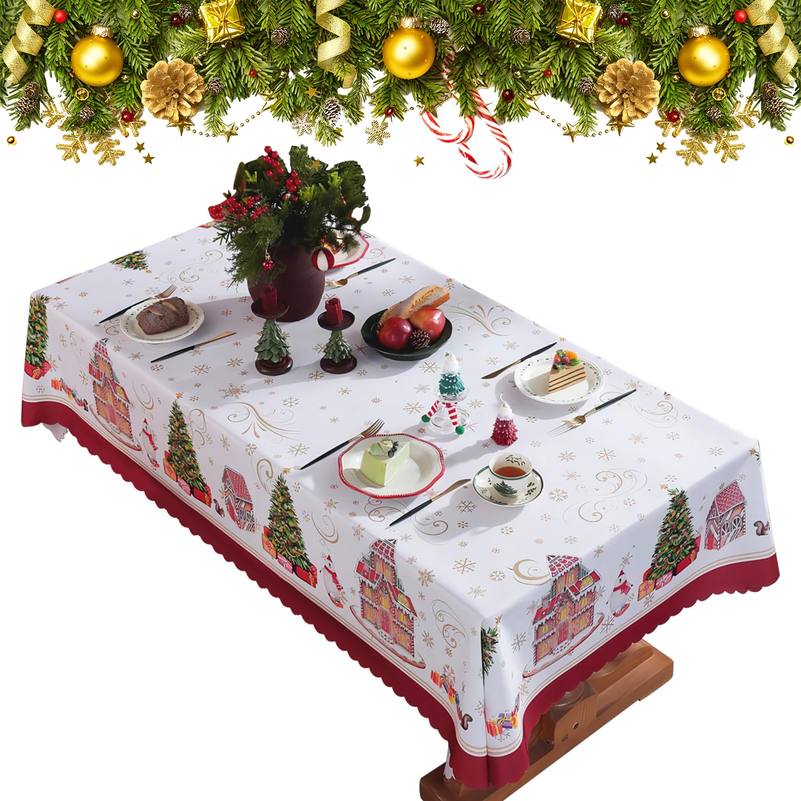 Embhlitfe Mantel de Navidad Rectangular Mantel Antimanchas Redondo de Estampado Mantel Lavable de Poliéster Decoración para Mesa de Navidad y Fiestas Navideñas 150x220cm (Rectángulo A)
