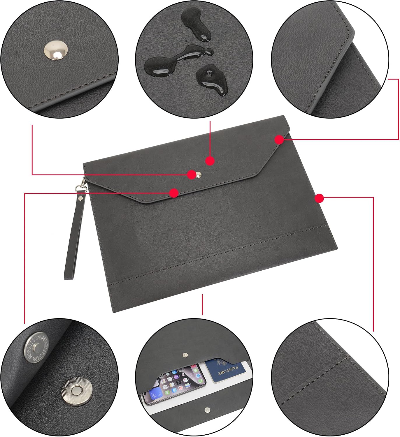 Wonderpool Envelope Case A4 PU Leather File Jacket Pocket Folder Document Case Bag with Removable Hand Strap and 4 Pocket for Documents Tablet Phone Stationery (Dark Gray) image 4