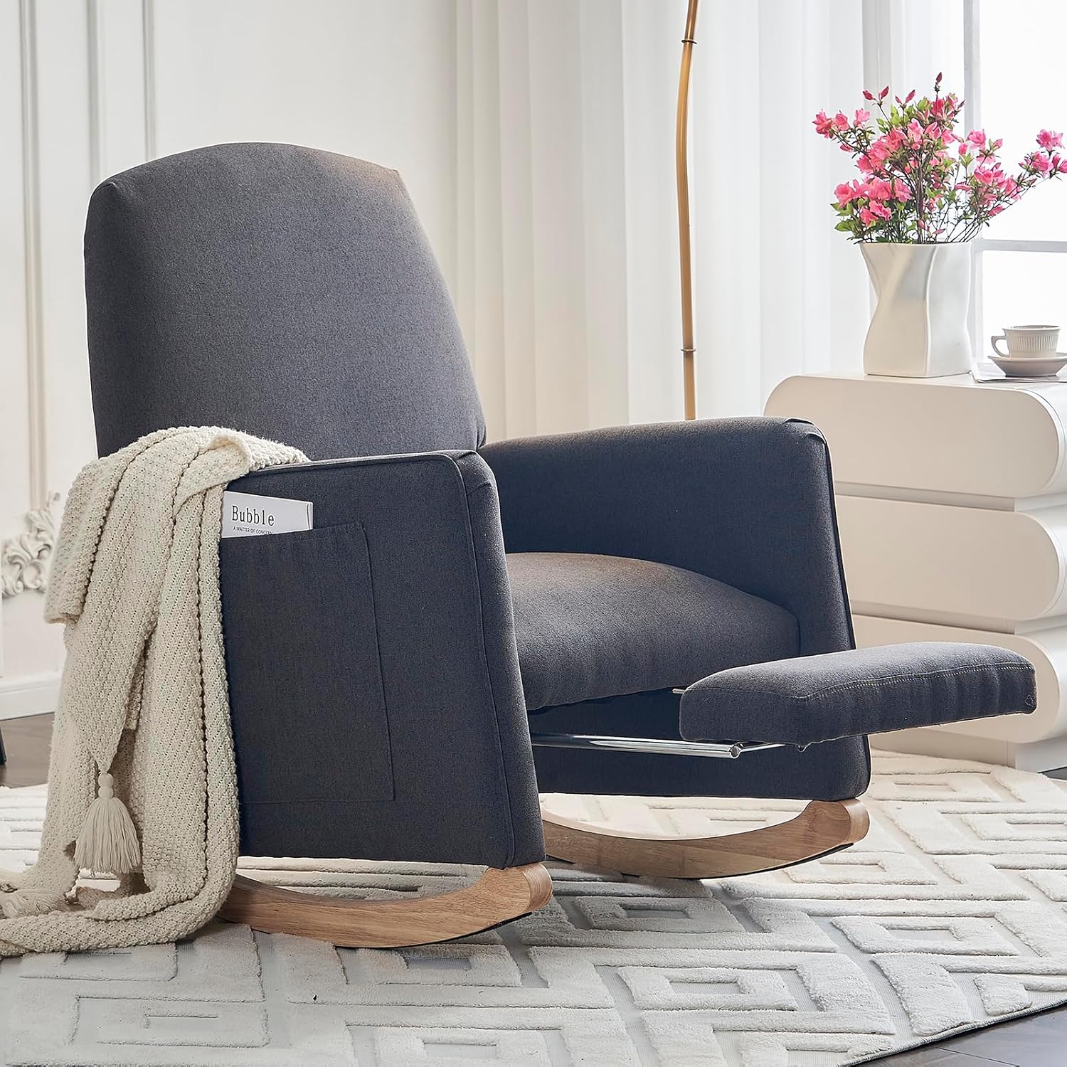 Modern Rocking Chair Nursery, Comfy Glider Nursery Chair with Foot Rest, Upholstered Rocker with Pocket, Accent Reading Armchair with Solid Wood Base for Living Room, Bedroom, Lounge Room (Dark Gray)
