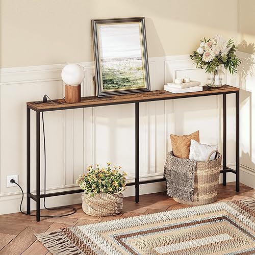 Miniatura 10 de MAHANCRIS Mesa consola con toma de corriente, mesa de sofá estrecha de 70.9 pulgadas, mesa de entrada industrial con puertos USB, mesa detrás del