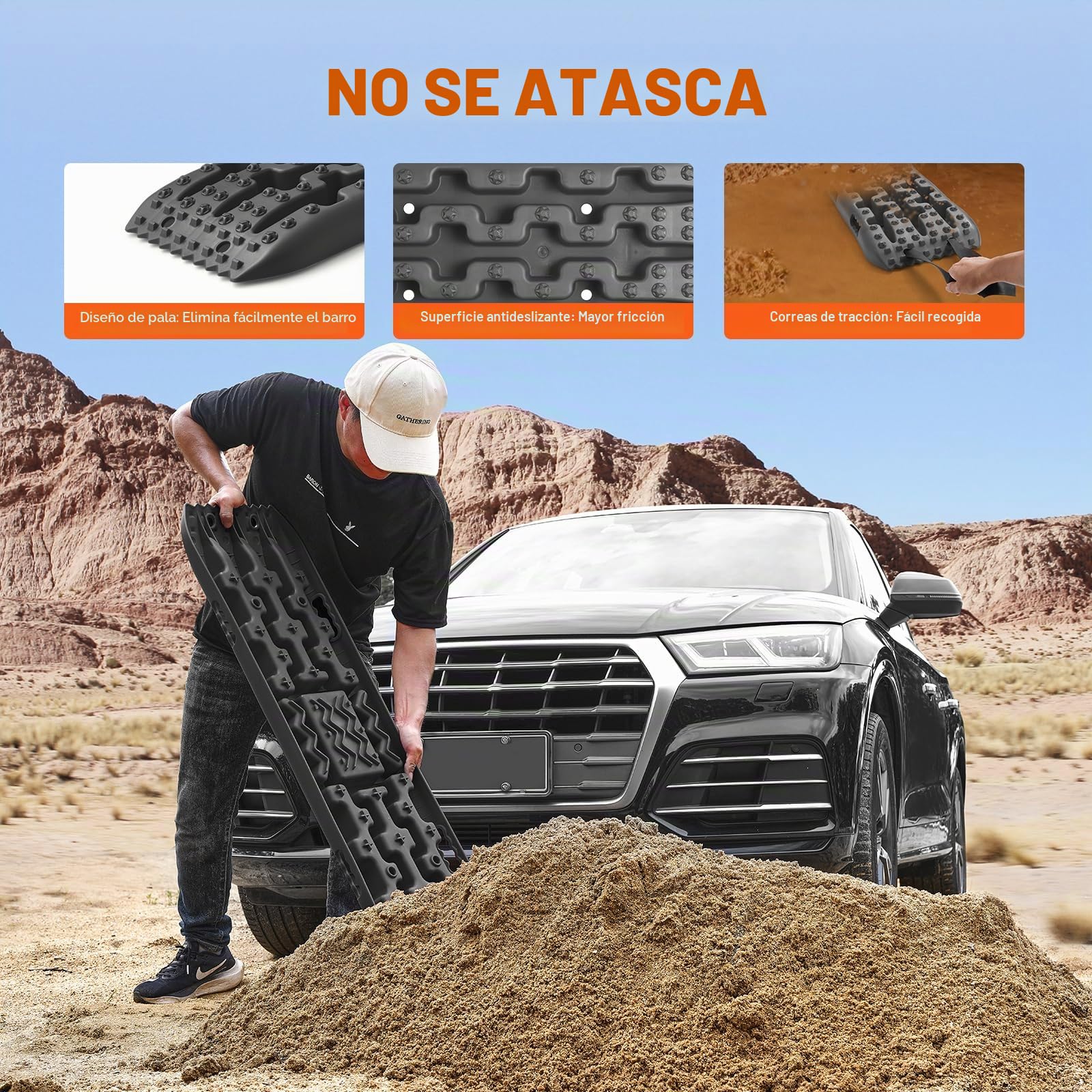 VEVOR Placa de Aterrizaje de PP 10 T Estera de Tracción para Todoterreno/Coche/Pick-up/SUV/RV Tabla de Recuperación de Arena y Lodo de Nieve Bolsa de Almacenamiento, Larga, Negra, 2 Piezas