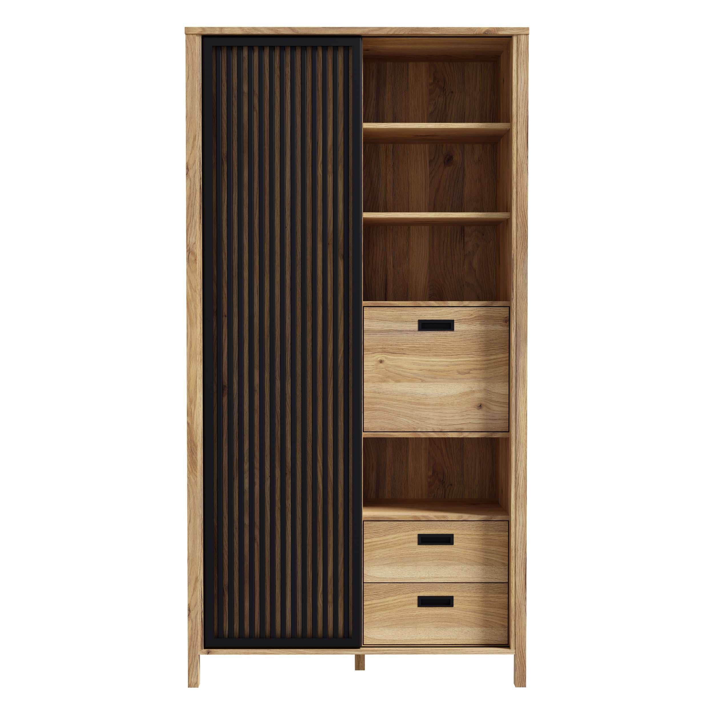 Forte JYTANA Schrank 100 105, skandinavischer Schrank mit 3 Schubladen, 2 Türen und 3 Regalfächern, Mauvella Eiche Holzdekor/Schwarz, 103,4 cm breit x 200,3 cm hoch x 40,2 cm tief