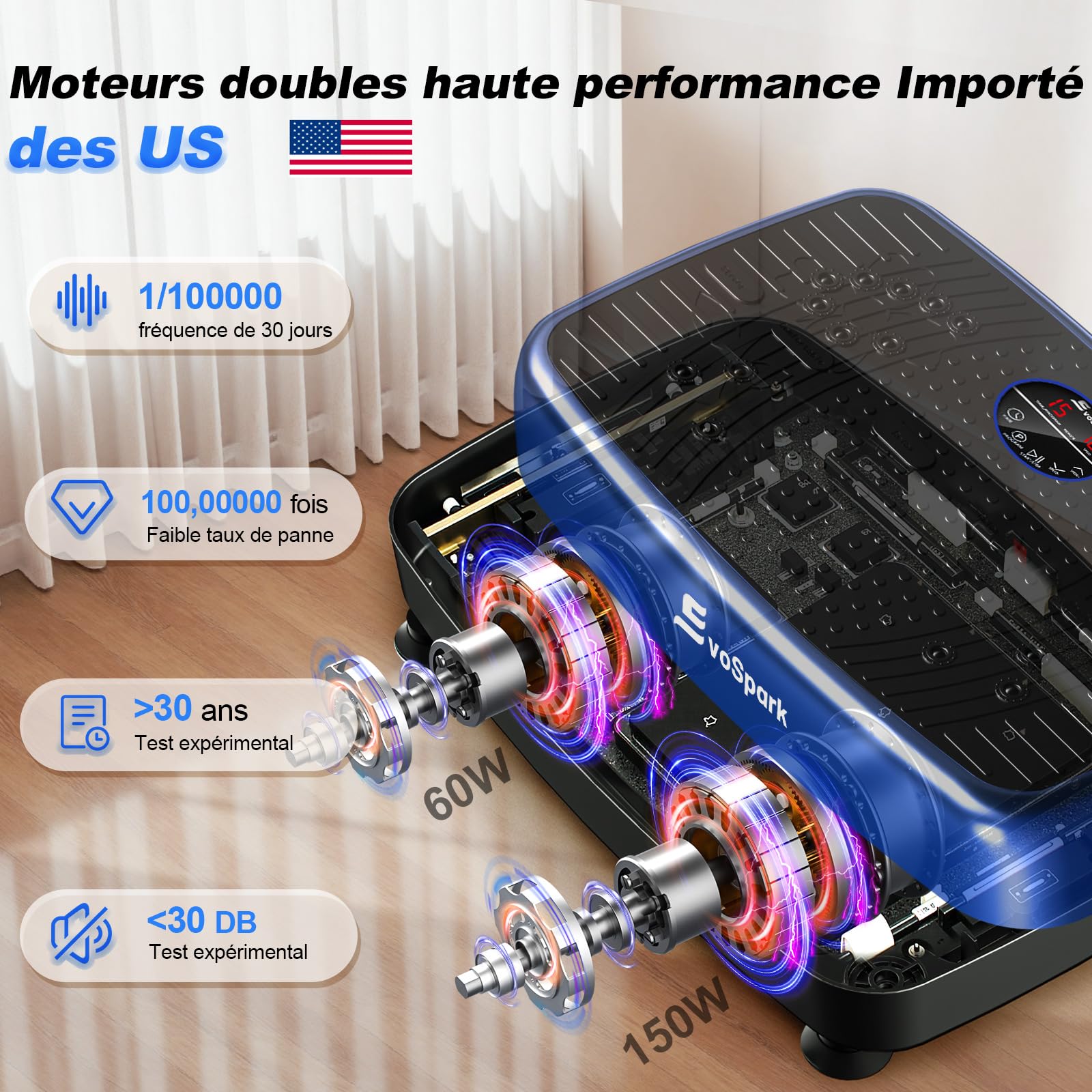 Plateforme Vibrante Perte de Poids, Plateforme Vibrante EvoSpark avec Double Moteur Haute Performance 2025, 120 Vitesses réglables, capacité de 450 LB Plaque Vibrante pour Drainage lymphatique