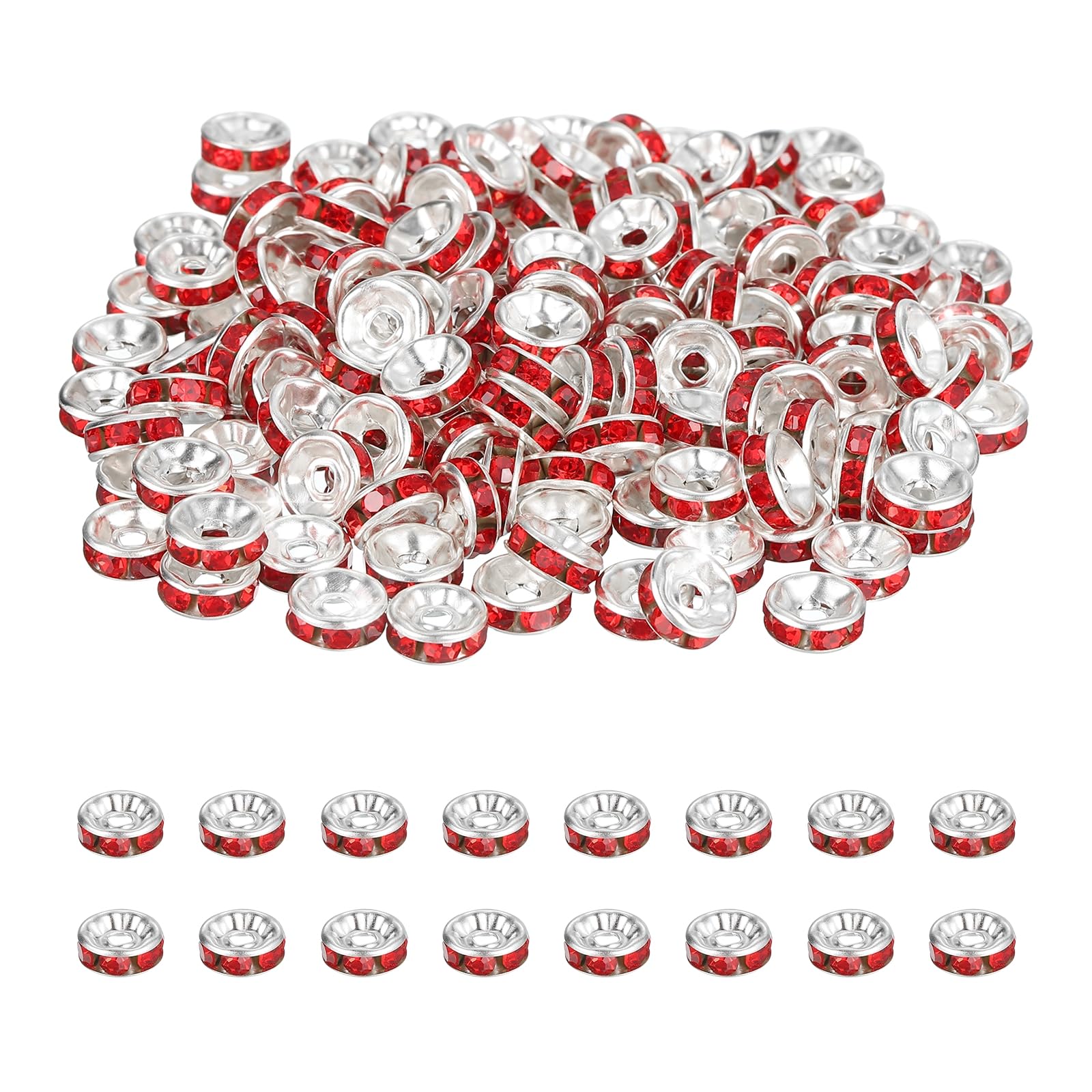 PATIKIL 8mm Rondelle Spacer Bead, 200 Pcs Crystal Rhinestone Loose Bead Spacers for Jewelry Making, DIY Bracelets, Necklace, Silver/Red