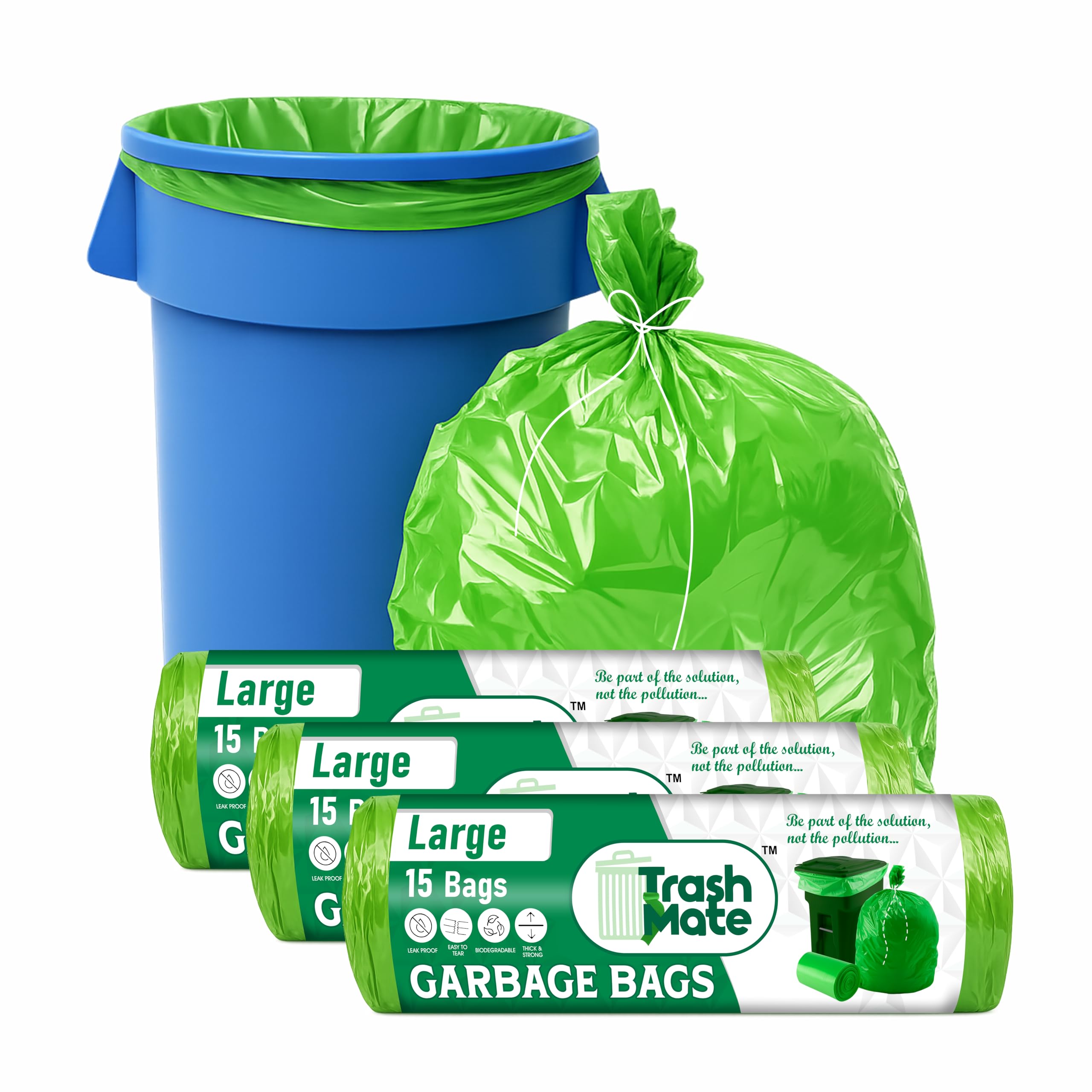 garbage bag large size | Heavy Duty (Big) Size 24 X 32 Inches | Capacity 45 Liters | 61x81cm | Biodegradable Dustbin Bag, Trash Bag Green | strong & leak proof with Easy Tie-Thread (45 bags)-image-1