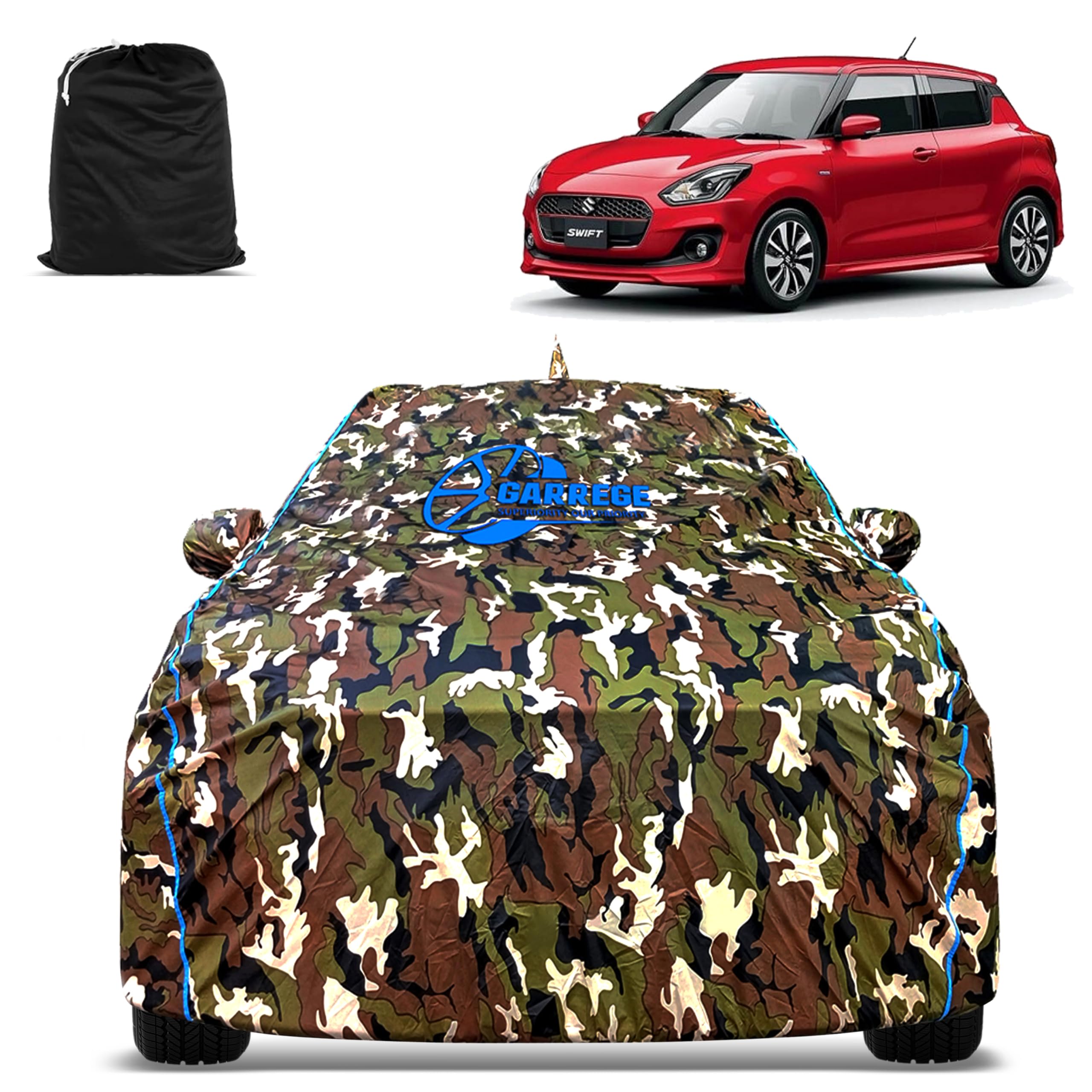 GARREGE Maruti Swift 2018-24 Car Body Cover Waterproof with Mirror for Antenna Pocket and Soft Cotton Lining (Full Bottom Elastic Triple Stitched) (Jungle Print with Blue Piping) Style-image-46