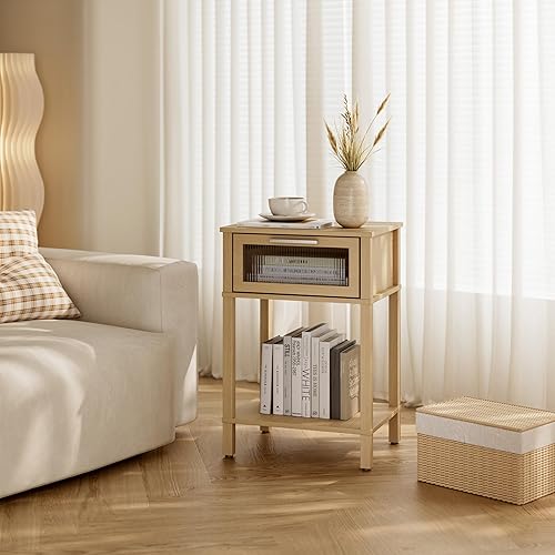 Miniatura 2 de Nightstand Wooden Bedside Table with Drawer Natural Wood Night Stands Modern Style Small End Table Side Table with Storage Shelf for Bedroom Living