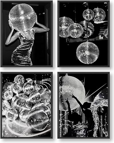 GIFTSFARM Decoración de bola de discoteca, decoración de fiesta de discoteca negra y blanca para estética de pared, decoración retro de habitación,