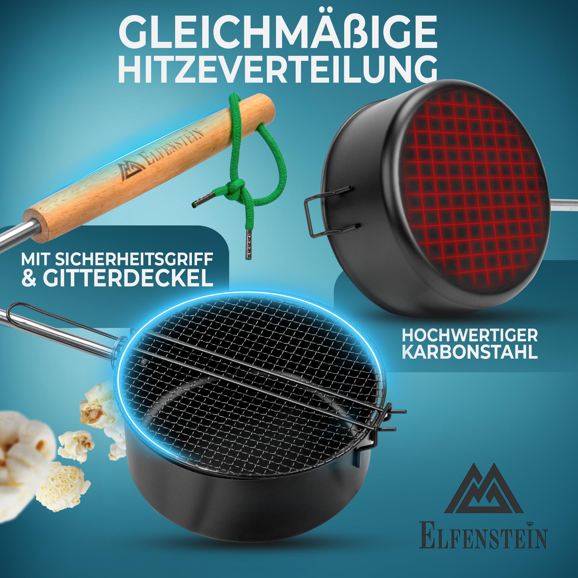 ELFENSTEIN Popcorn Maker Falò – con mais popcorn popcorn e tatuaggi luminosi – popcorn makers in acciaio al carbonio per falò, barbecue e braciere – padella popcorn per esterni