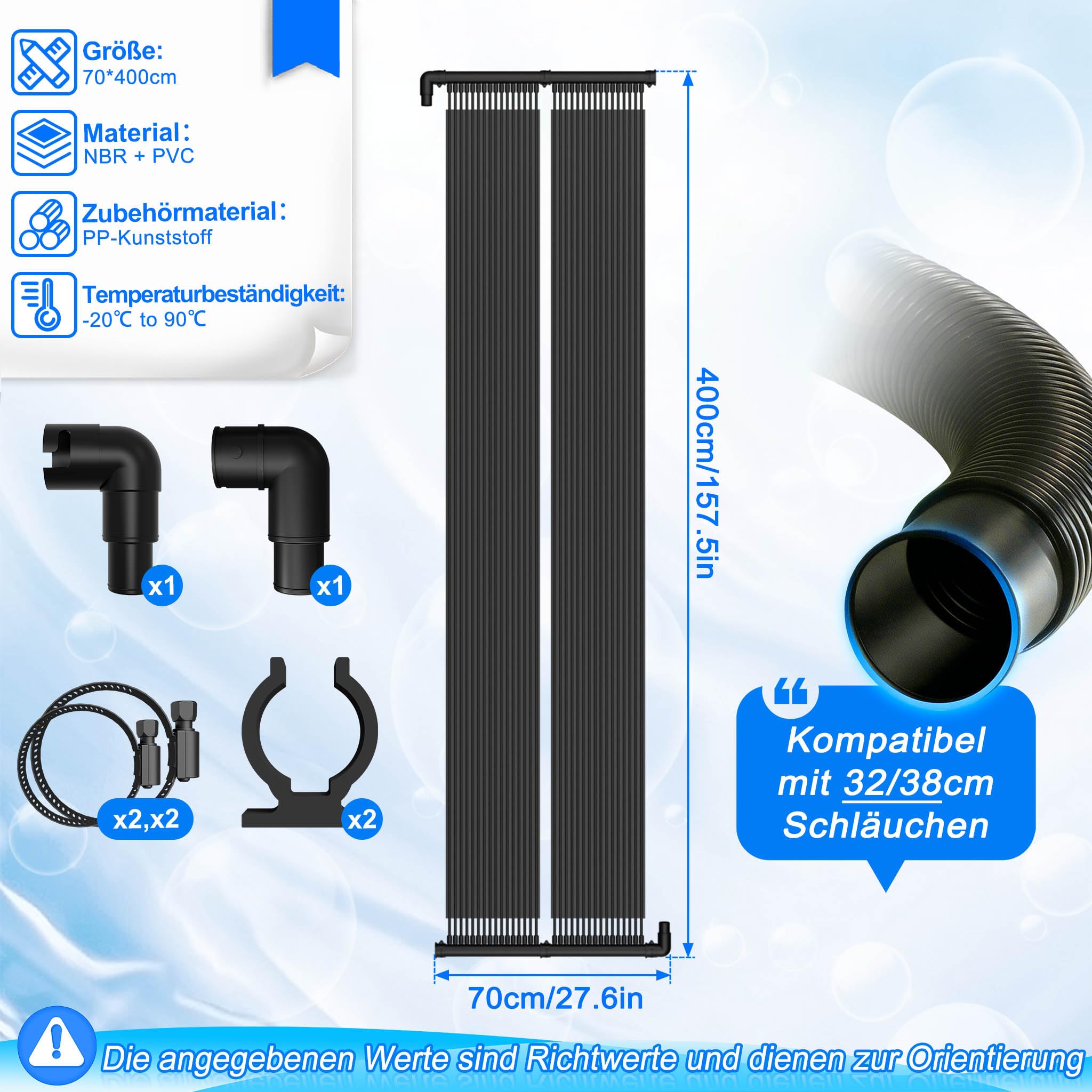 YRHome 400 x 70 cm Pool Solarkollektor Set,EPDM Solarmatte,Mit 32 dünne Schläuche Beliebig erweiterbar Warmwasser Heizung Solarheizung für Gartendusche Schwimmbad