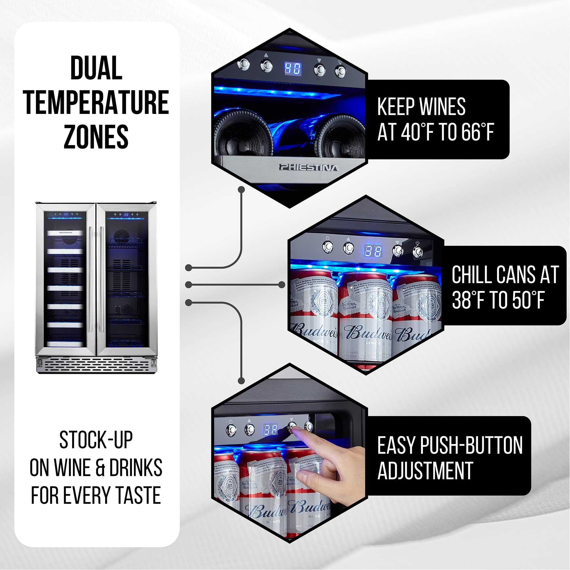 Phiestina Beverage Refrigerator, 24 Inch Wine and Beverage Fridge, Under Counter Wine Cooler- 20 Bottles & 78 Cans, Built-in/Freestanding Dual Zone with Glass Door on Fridge.com
