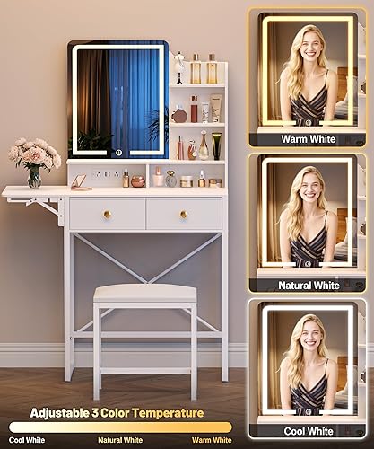 Miniatura 5 de Escritorio de tocador de maquillaje con silla, pequeño escritorio de tocador con espejo y luces, mesa de tocador con estación de carga y panel