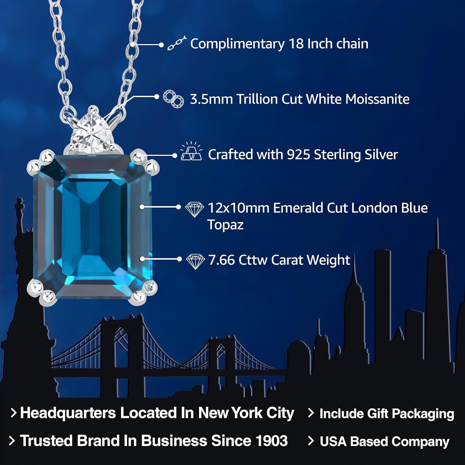 Gem Stone King Emerald Cut Pendant Necklace For Women | 925 Sterling Silver | Gemstone Birthstone and White Moissanite | Emerald Cut 12X10MM | Trillion 3.5MM | With 18 Inch Chain - Image 2