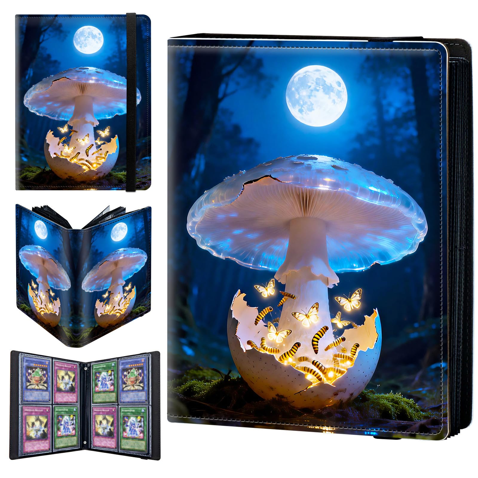 4 Pocket Trading Card Binder 160 Side Loading Pocket Album with Mushrooms & Butterflies Pattern Design Card Binder for Sports Cards & Game Cards