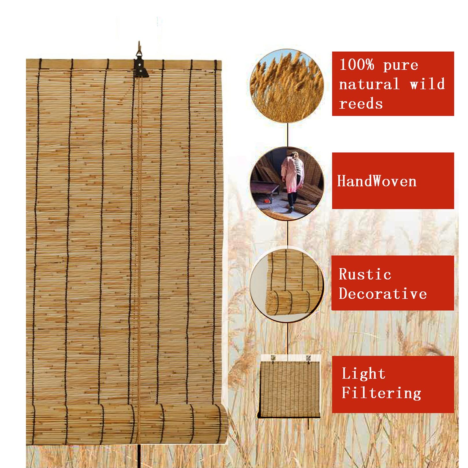 Bambou Naturel Store Enrouleur Rideau De Roseau,Protection Intimité Écran Tissés À La Main,Tissés À La Main,Rideau de Paille Pare-Soleil Balcon pour Extérieur/Intérieur,Balcon,Jardin,Décoratifs Rétro
