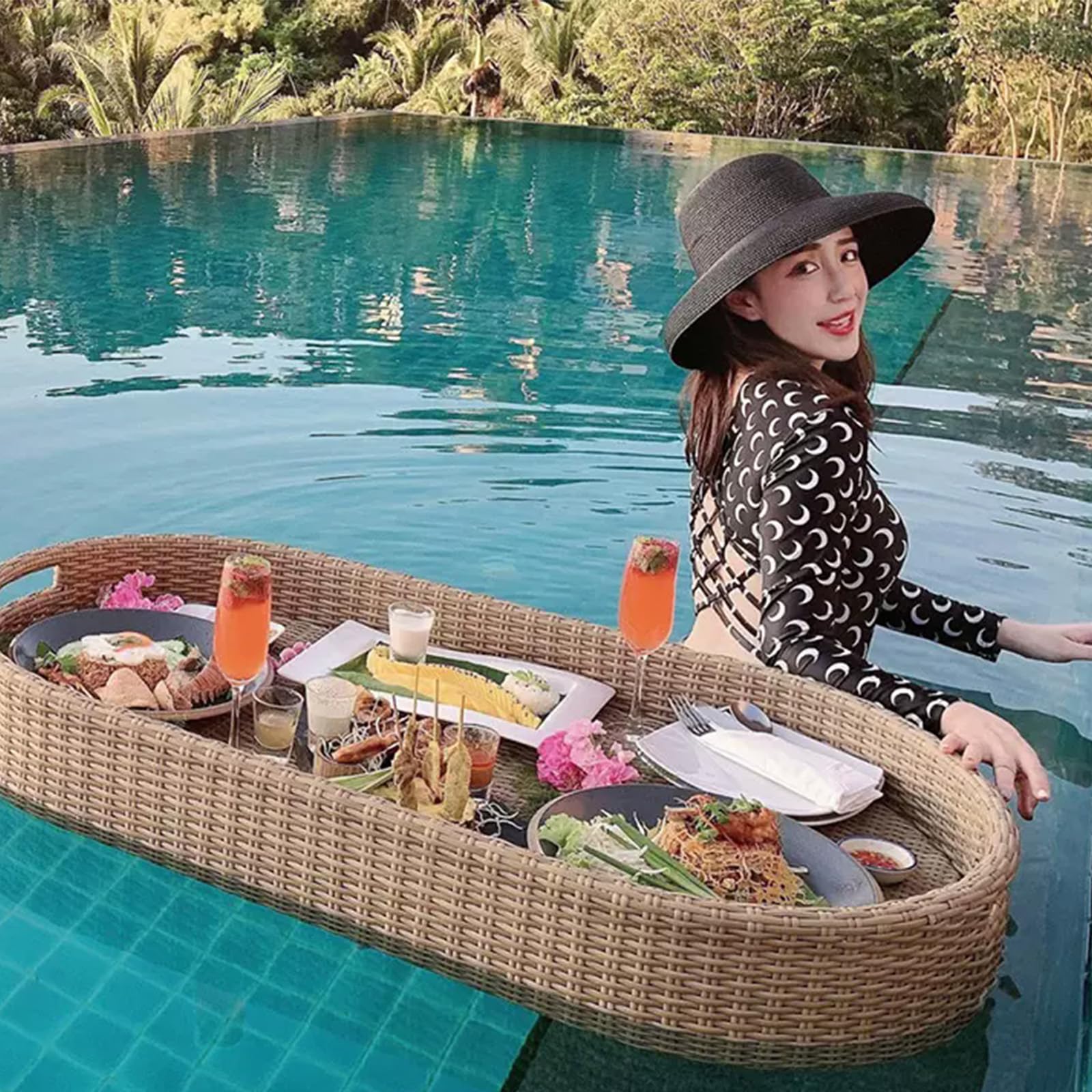Woven Rattan Serving Tea Tray Floating Breakfast Luxury Breakfast Villa Organizing Pantry(N)