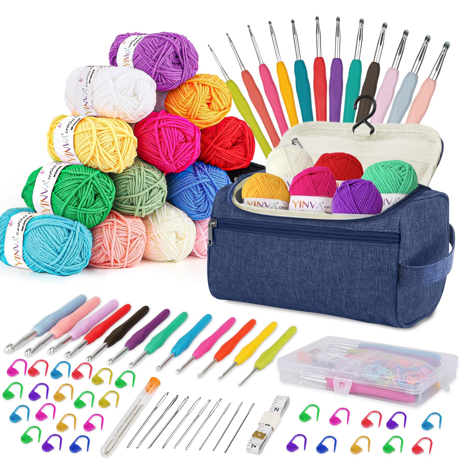 YINVA Häkelset für Anfänger 15Pcsx25g Häkelgarn Häkelnadel Set 2mm-8mm Ergonomische Häkelnadeln Crochet Set Stricken für Anfänger Set Tragbaren Tasche Strickzubehör(Blau)