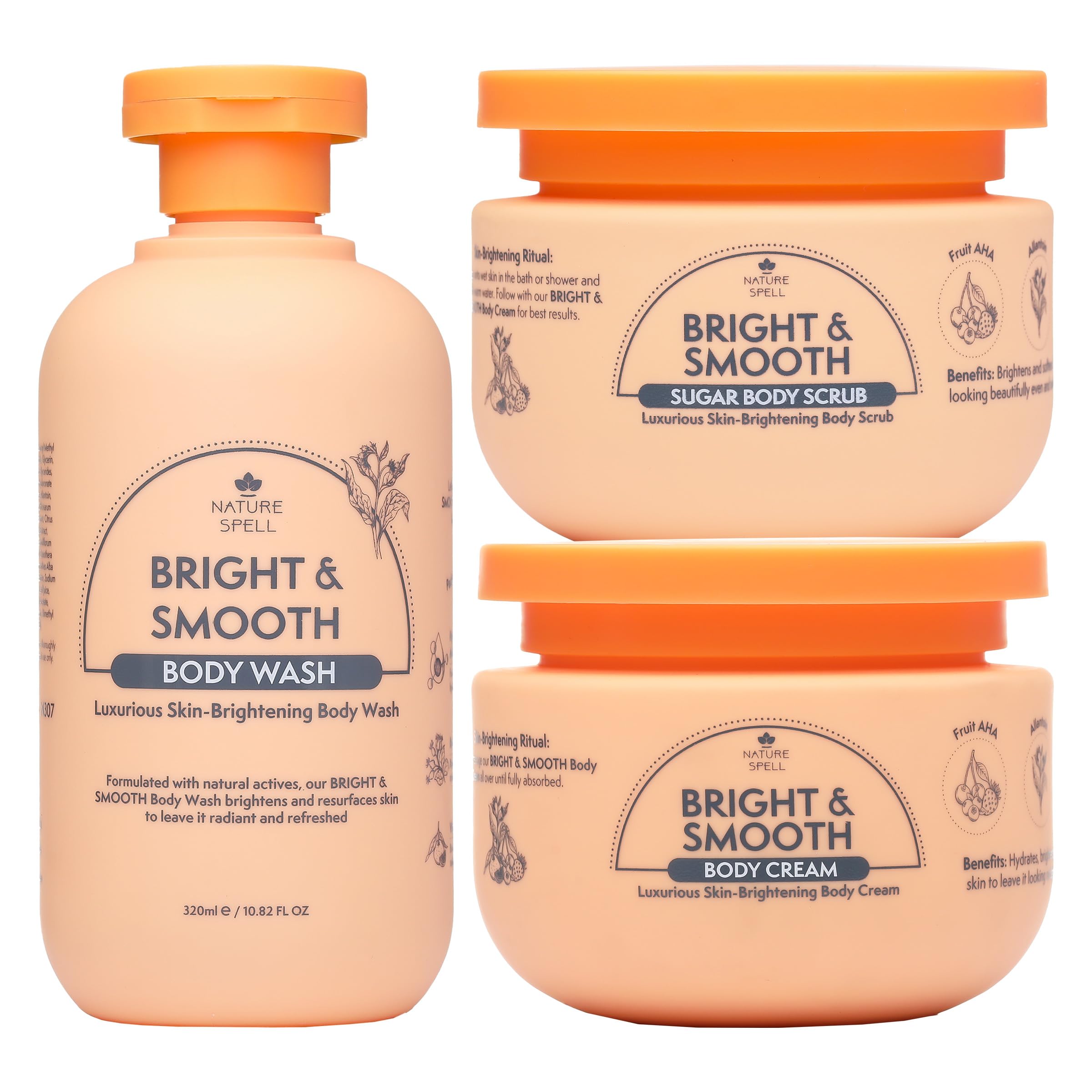 Nature Spell Bright & Smooth Body Care Gift Set for Women Body Wash, Sugar Scrub and Cream with Vitamin C, AHA Fruit