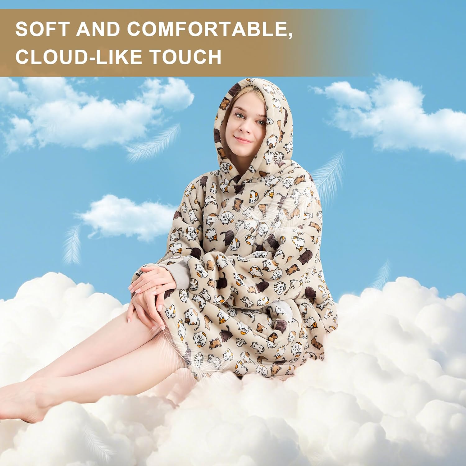 Wearable Blanket Hoodie for Adult Women, Oversized Sherpa Fleece Hooded Sweatshirt Blanket, Cozy Blanket Hoodie with Sleeves, Blanket Hooded for Winter Gift (Standard, Grey Cat) - Image 3