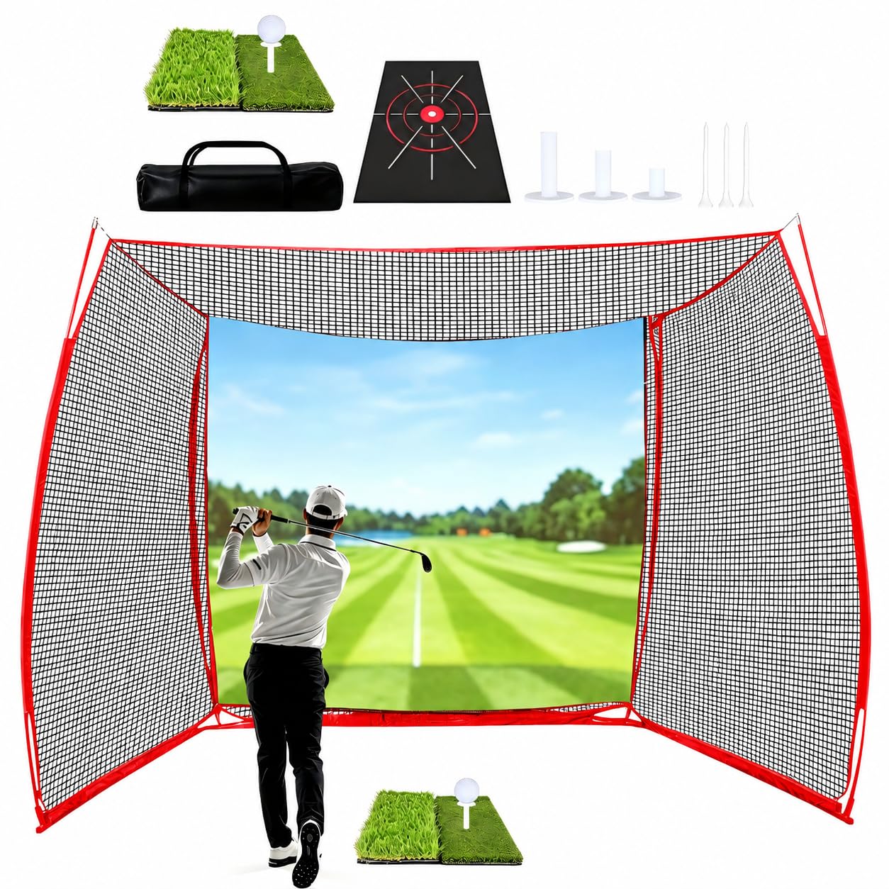 10x8ft Golf Hitting Net with HD Impact Screen &amp; Target Cloth, Heavy Duty Enclosed Golf Simulator Cage for Full Swing, Portable Practice Net for Home Backyard Garage Indoor Outdoor