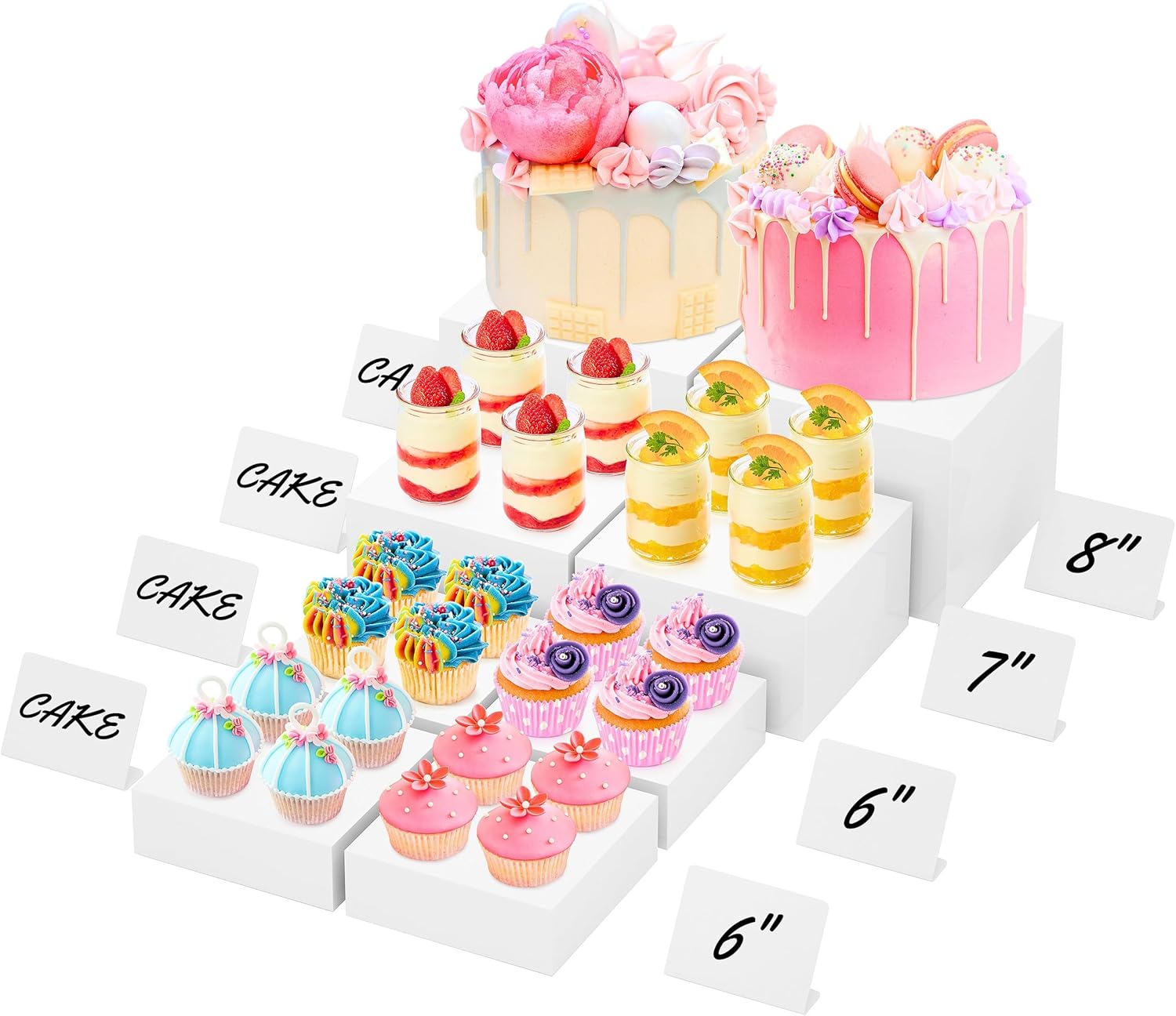 8” Buffet Risers with Mini Signs, Buffet Table Risers and Stands, Acrylic Cube Display Box for Catering Party Table Food Display, Dessert, Cakes - White, Set of 8 Boxes