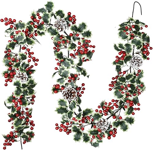 DearHouse Guirnalda de Navidad de bayas rojas de 6 pies con cono de pino, guirnalda artificial para interiores y exteriores, puerta de jardín,